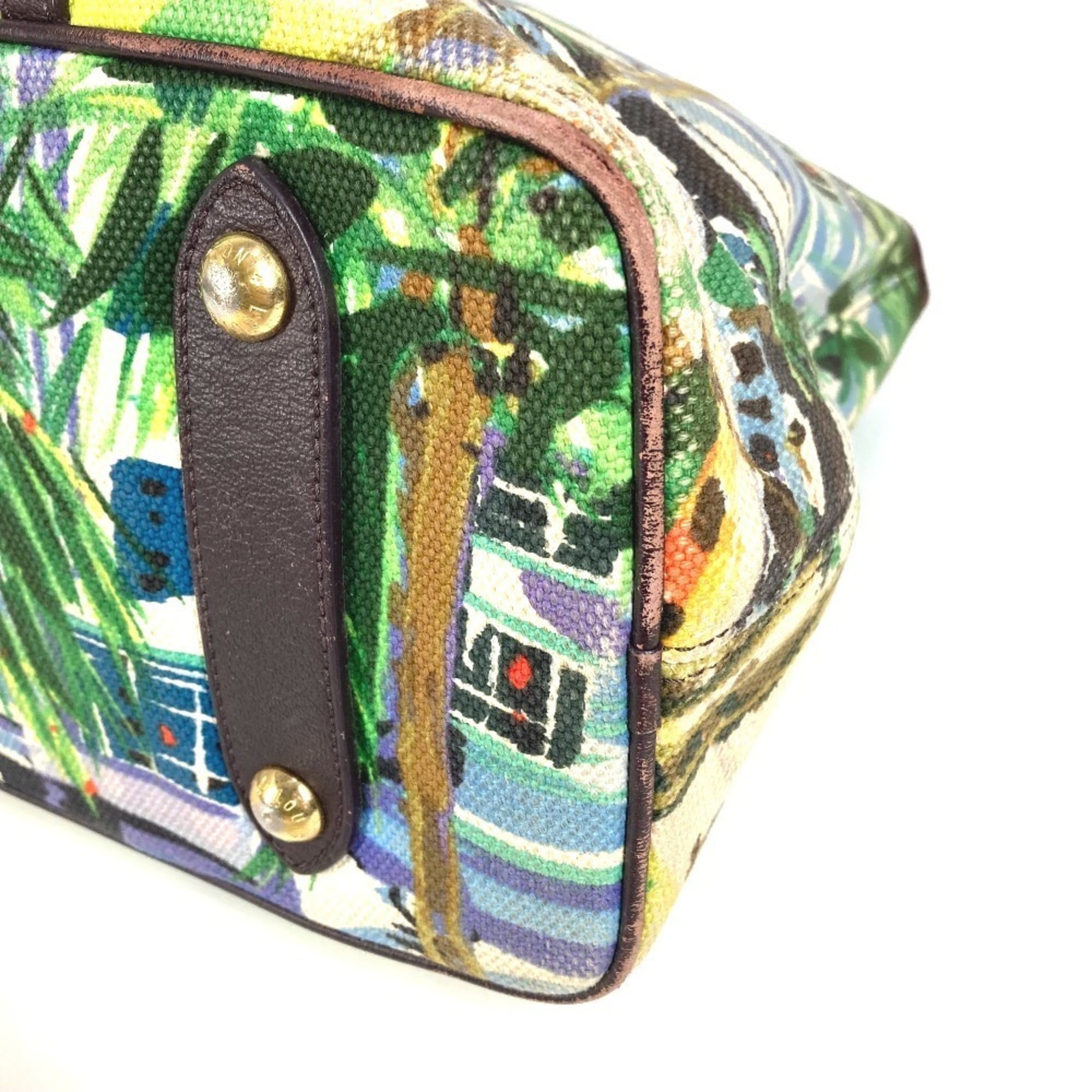 Louis Vuitton Green Leather Canvas Shoulder Bag Tote Bag