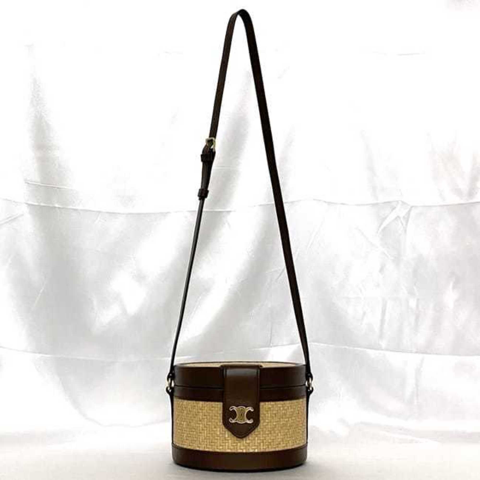 Celine Beige Brown Straw Leather Shoulder Bag