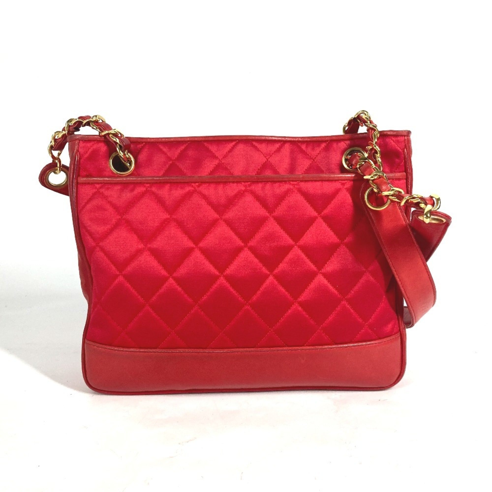 Chanel Red Color Satin Leather Shoulder Bag Tote Bag