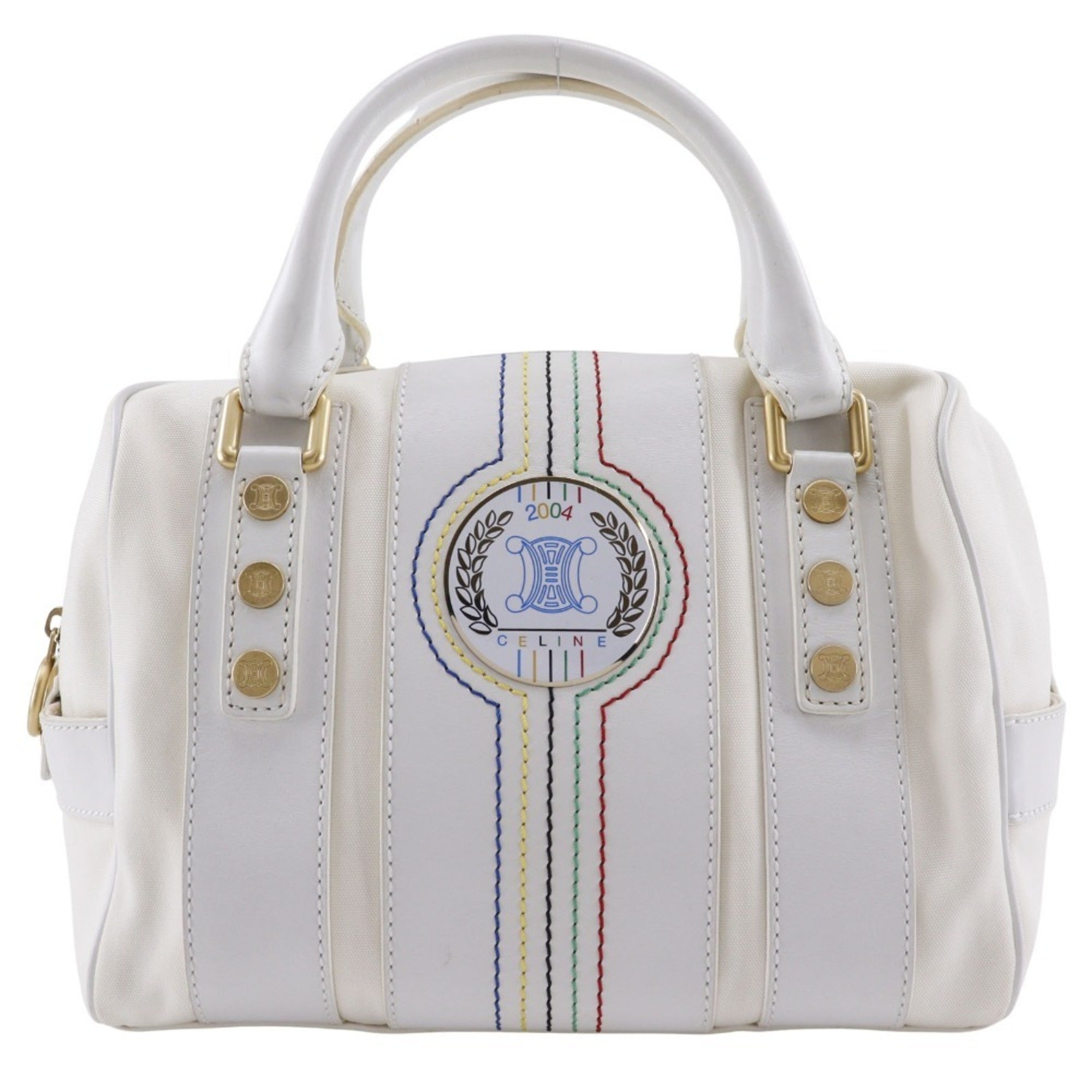 Celine White Nylon Canvas Leather Boston Bag Handbag