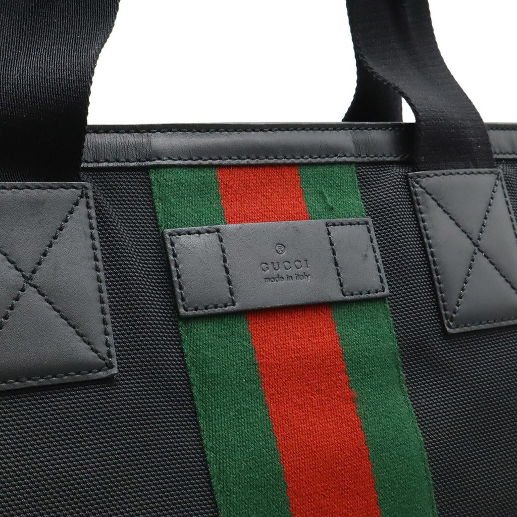 Gucci Sherry Line Black Green Red Color Nylon Canvas Leather Shoulder Bag Tote Bag (Pre-Owned)