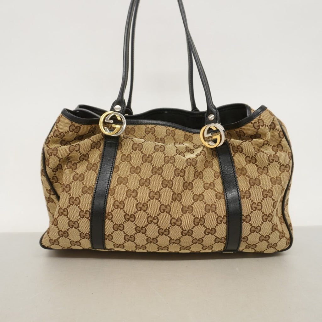 Gucci Beige Black Canvas Tote Bag (Pre-Owned)