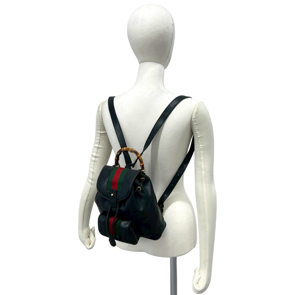 Gucci Black Green Red Color Leather Bamboo Backpack (Pre-Owned)