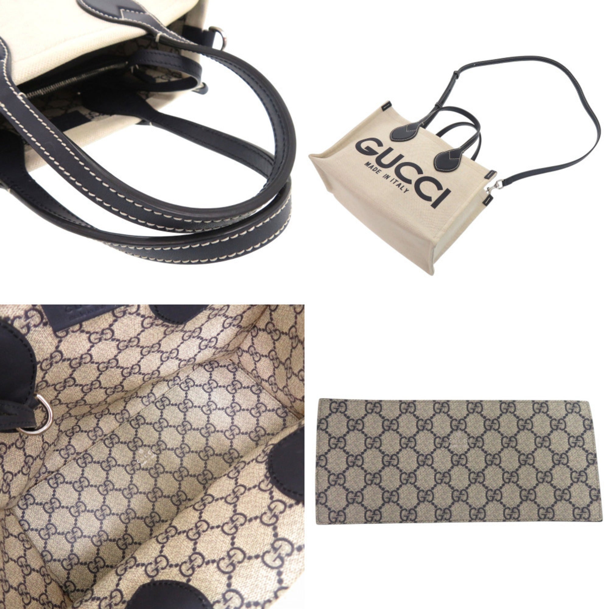 Gucci Navy Canvas Leather Tote Bag (Pre-Owned)