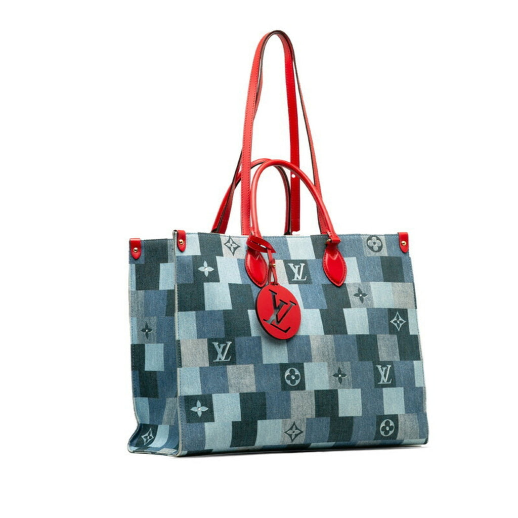 Louis Vuitton Blue Red Color Denim Leather Shoulder Bag Tote Bag