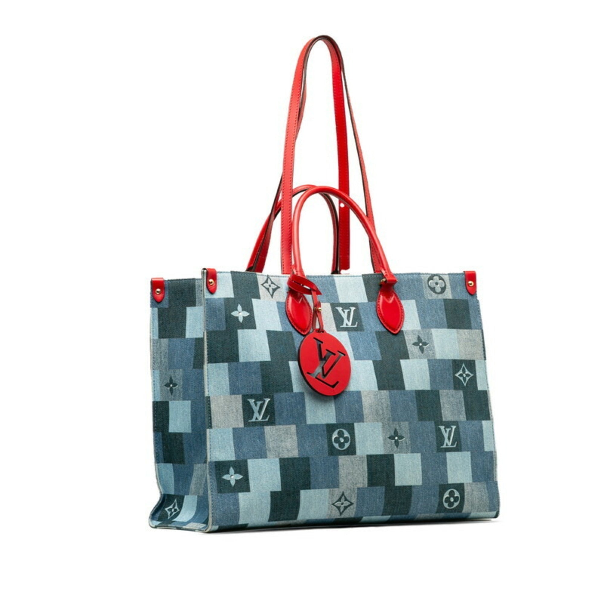 Louis Vuitton Blue Red Color Denim Leather Shoulder Bag Tote Bag