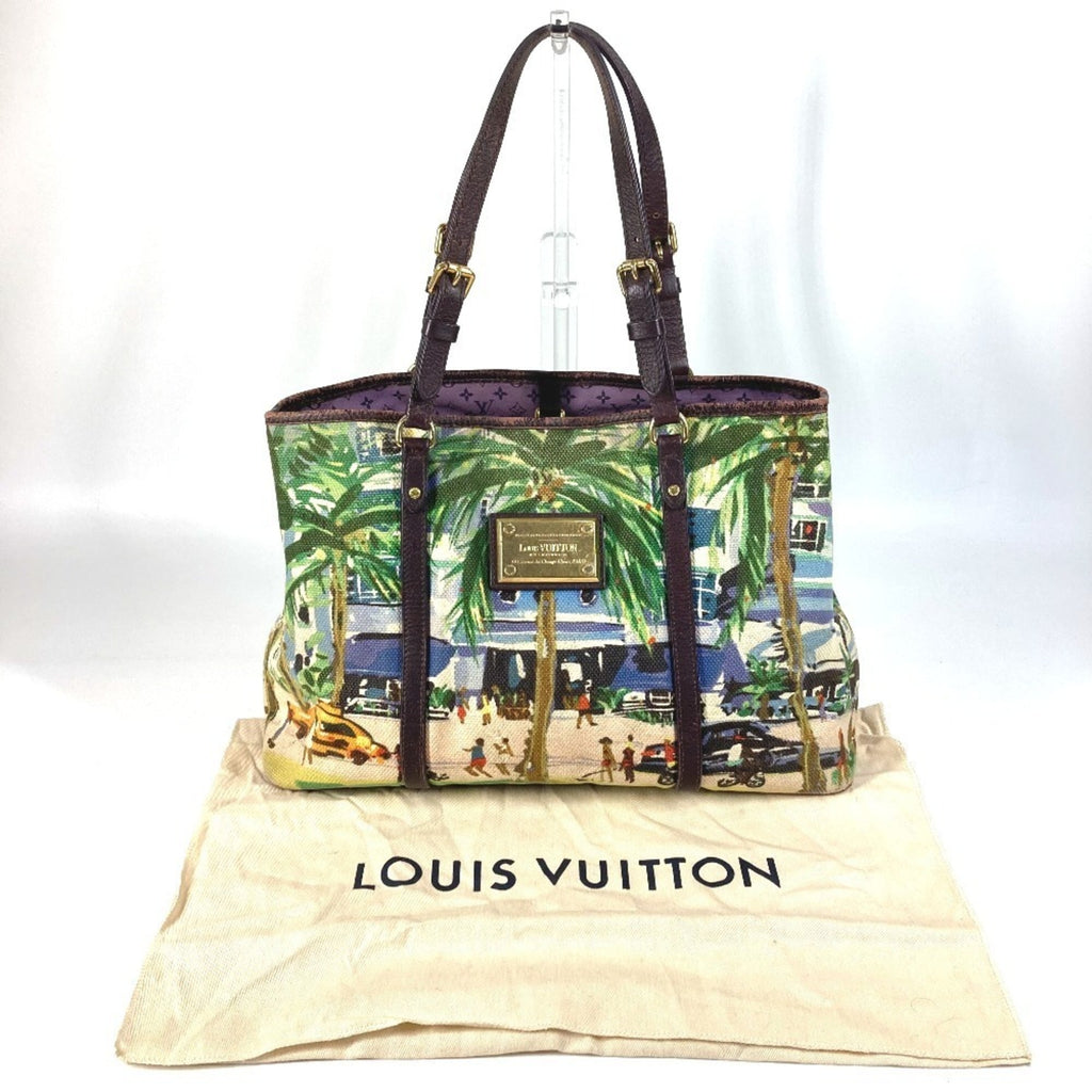 Louis Vuitton Green Leather Canvas Shoulder Bag Tote Bag