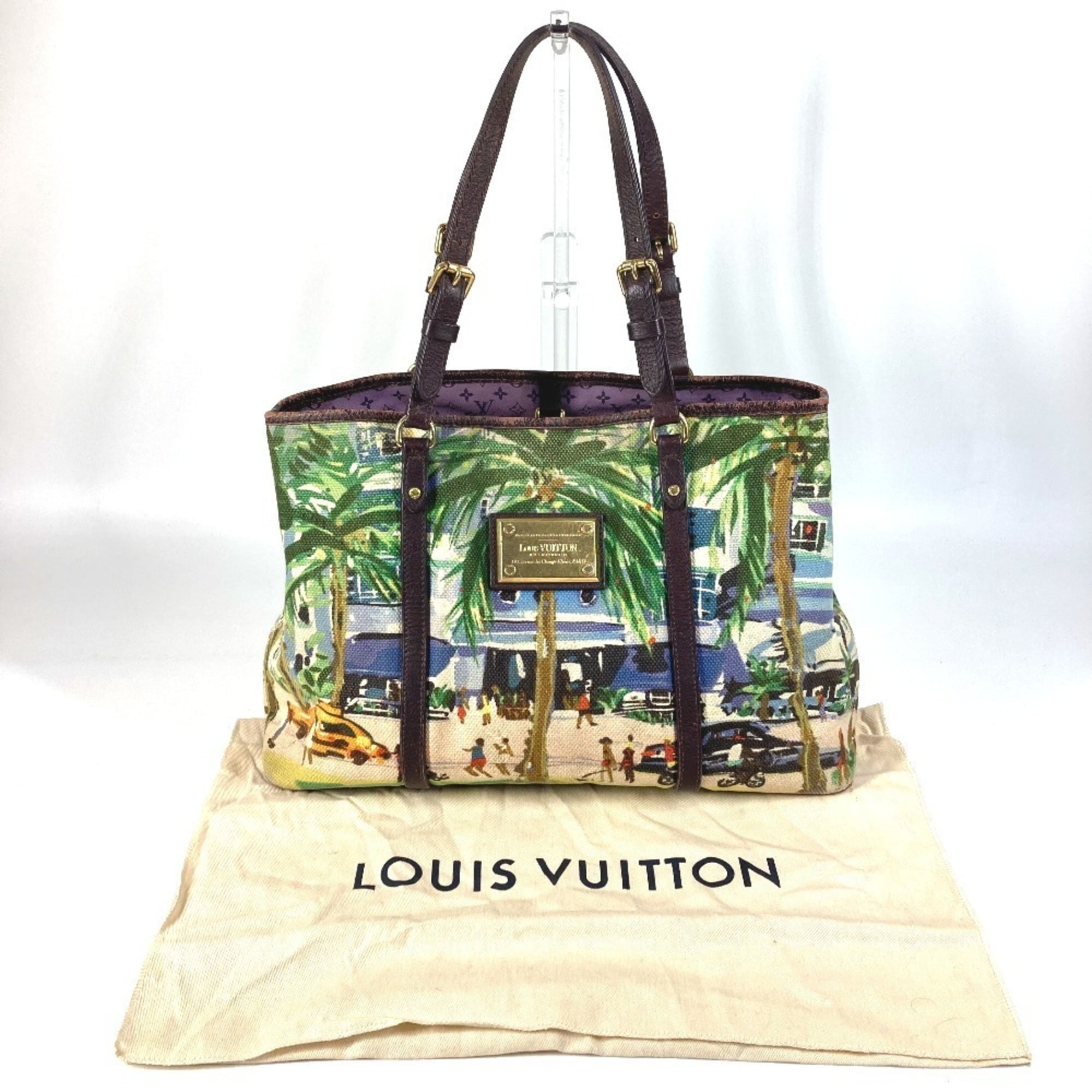 Louis Vuitton Green Leather Canvas Shoulder Bag Tote Bag