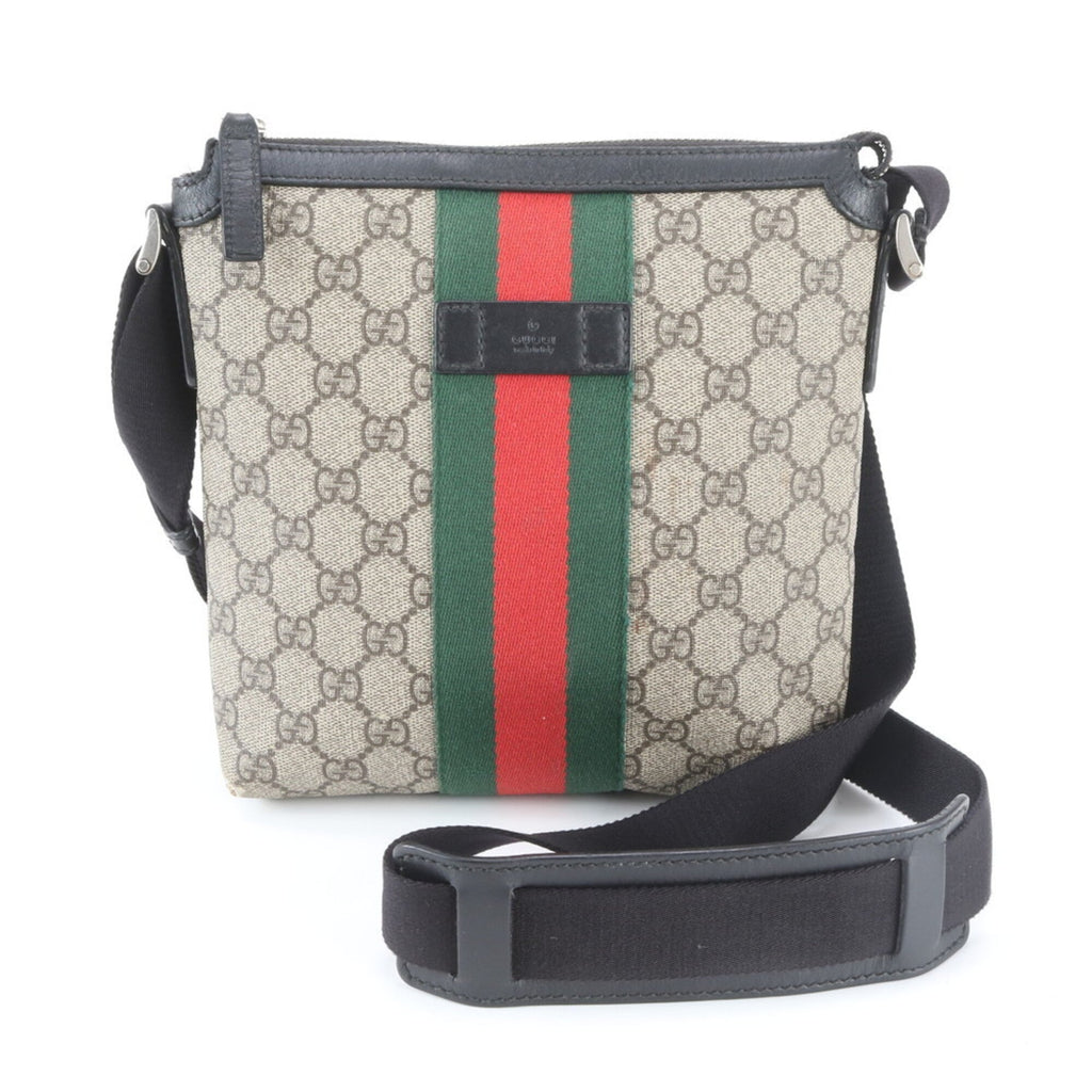 Gucci Beige Black Leather Coated Canvas Messenger Bag Shoulder Bag (Pre-Owned)