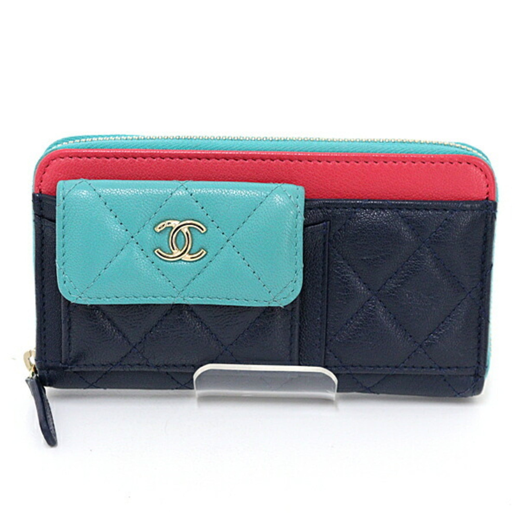Chanel Green Navy Pink Leather Wallet (Bi-Fold)