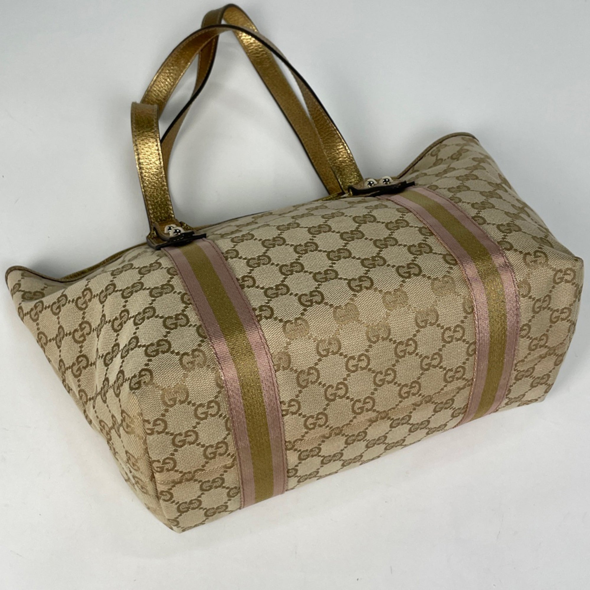 Gucci Beige Gold Gg Canvas Leather Shoulder Bag Tote Bag (Pre-Owned)