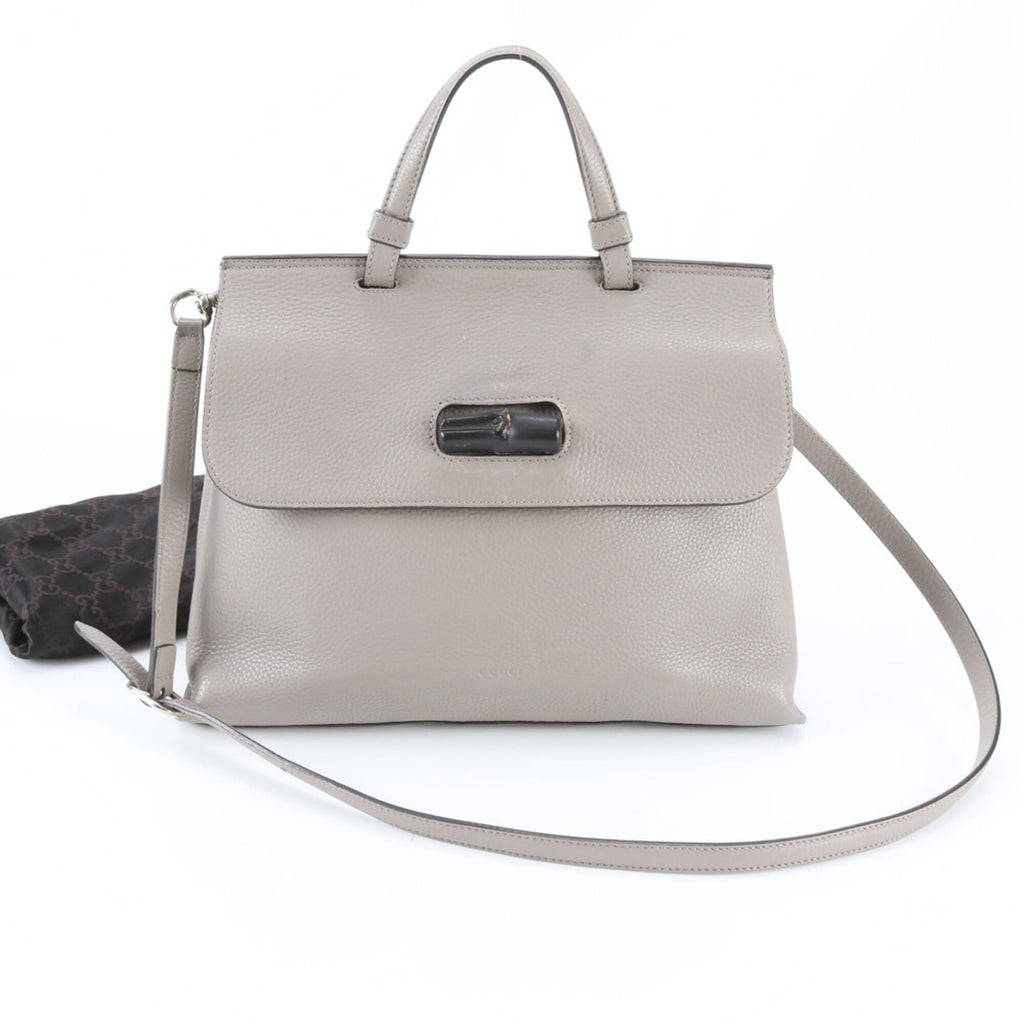 Gucci Bamboo Grayish Leather Handbag Shoulder Bag (Pre-Owned)