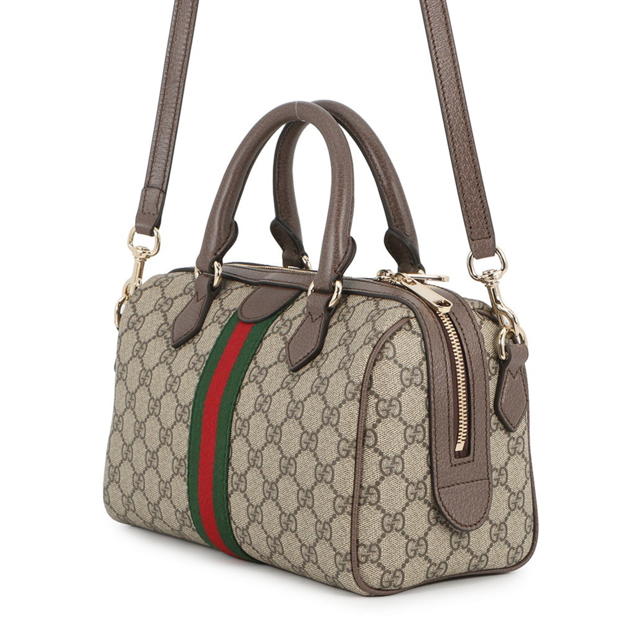 Gucci Beige Brown Green Red Color Gg Supreme Leather Boston Bag Handbag (Pre-Owned)