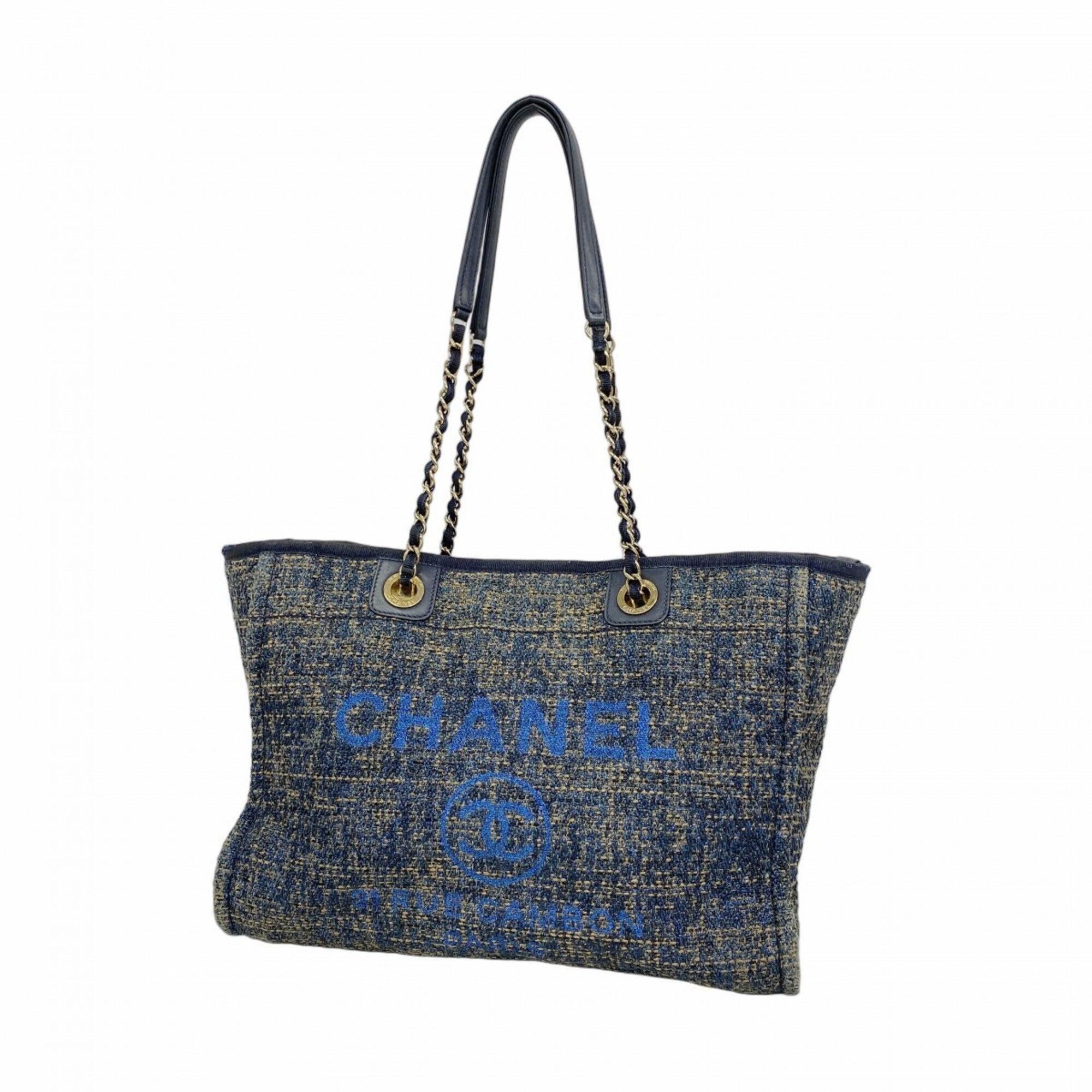 Chanel Beige Navy Tweed Tote Bag