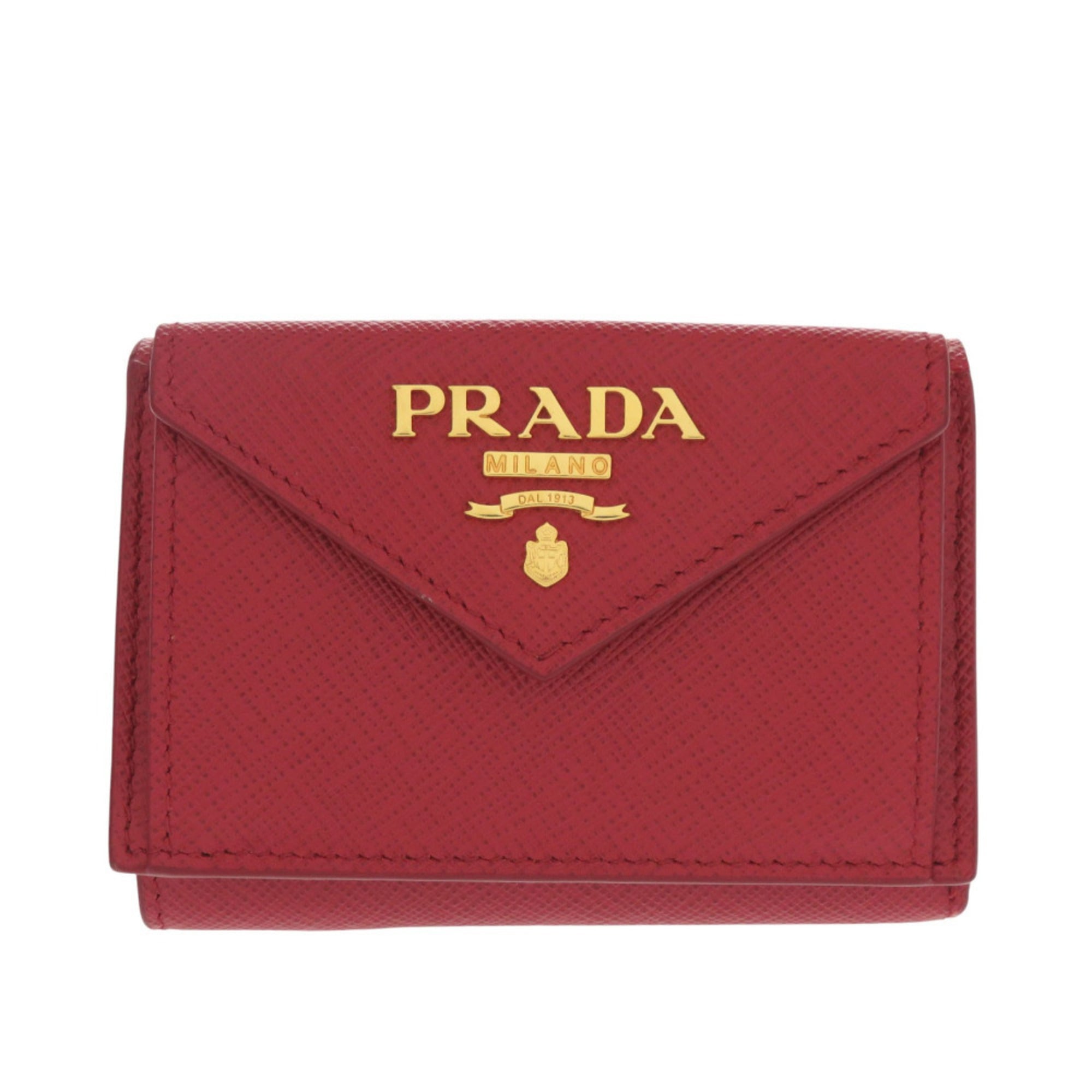 Prada Red Color Leather Saffiano Metal Wallet (Tri-Fold)