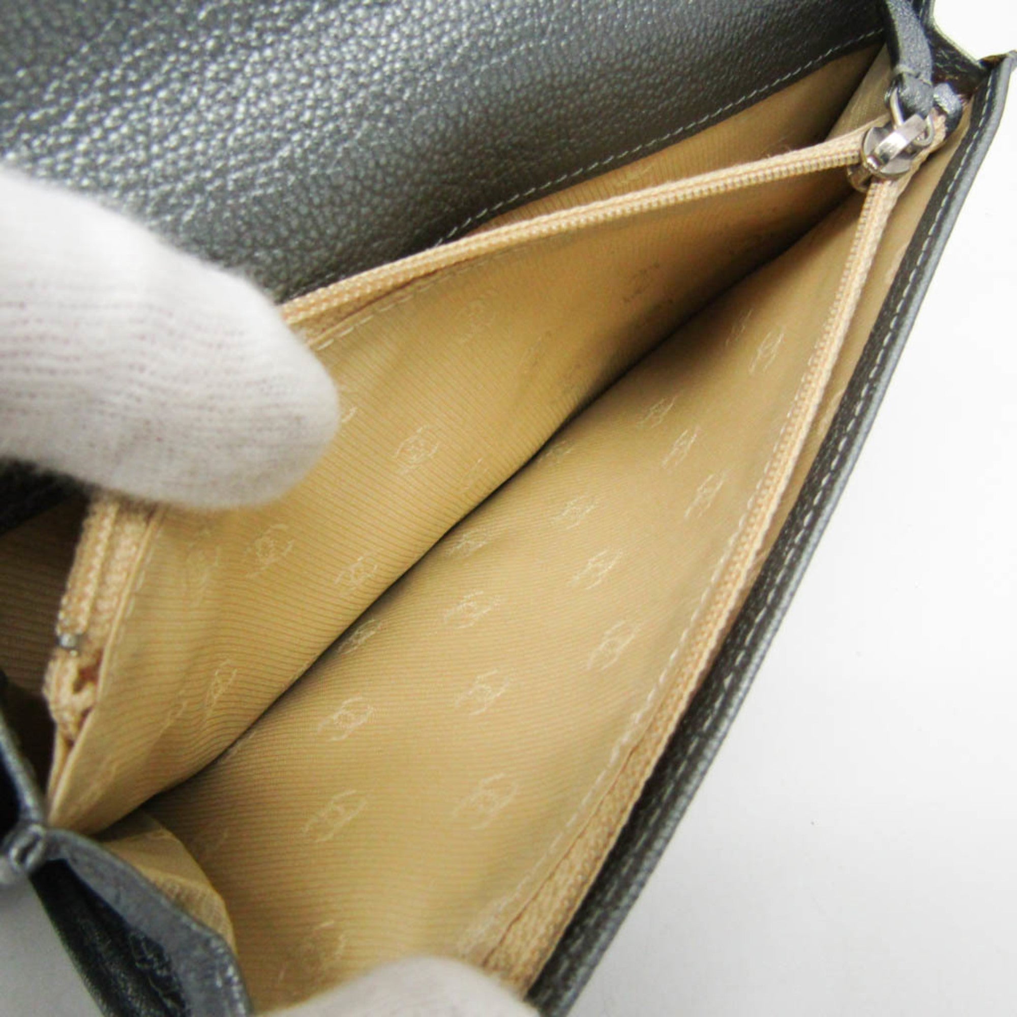 Chanel Coco Button Silver Leather Long Wallet (Bi-Fold)