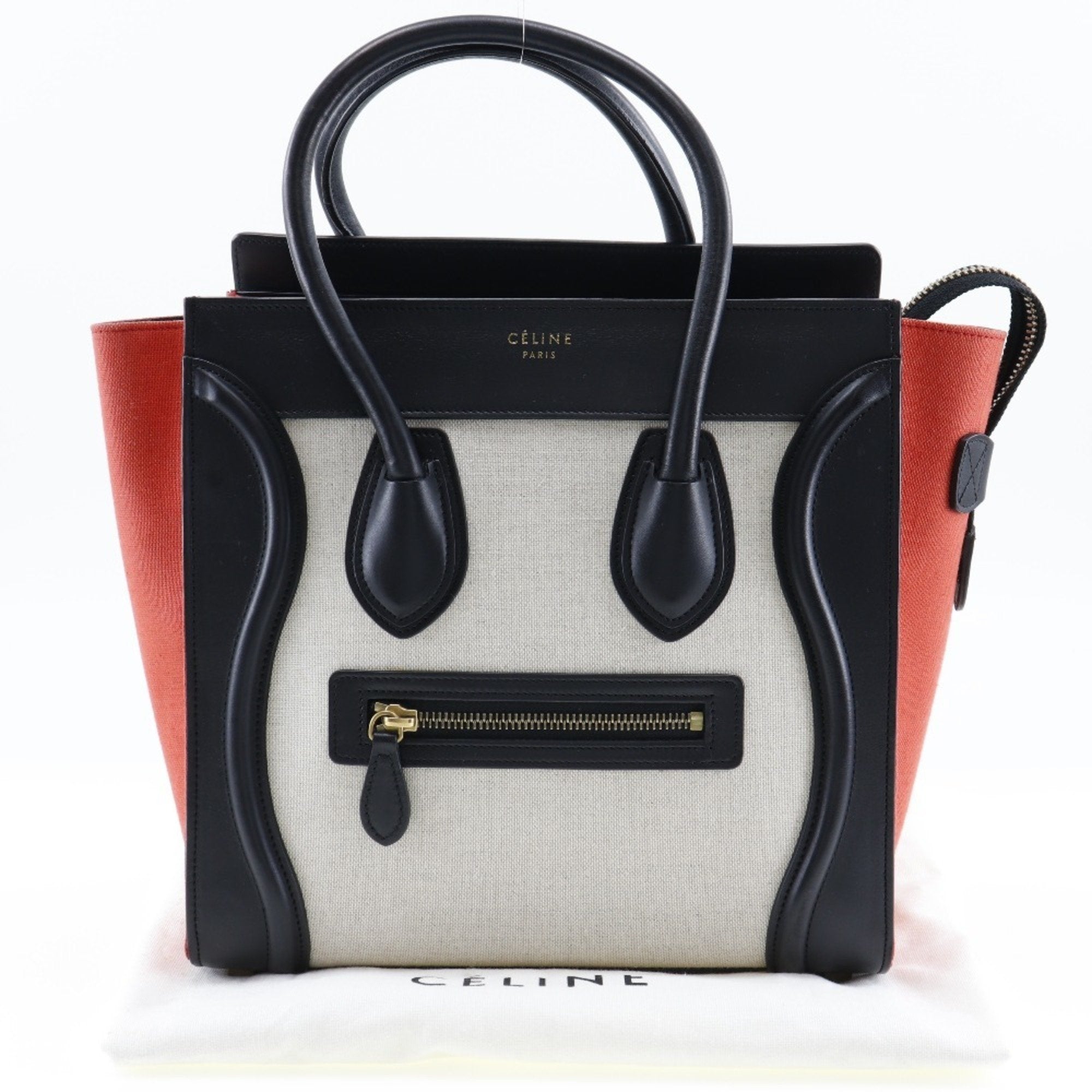 Celine Luggage Beige Black Orange Canvas Leather Handbag