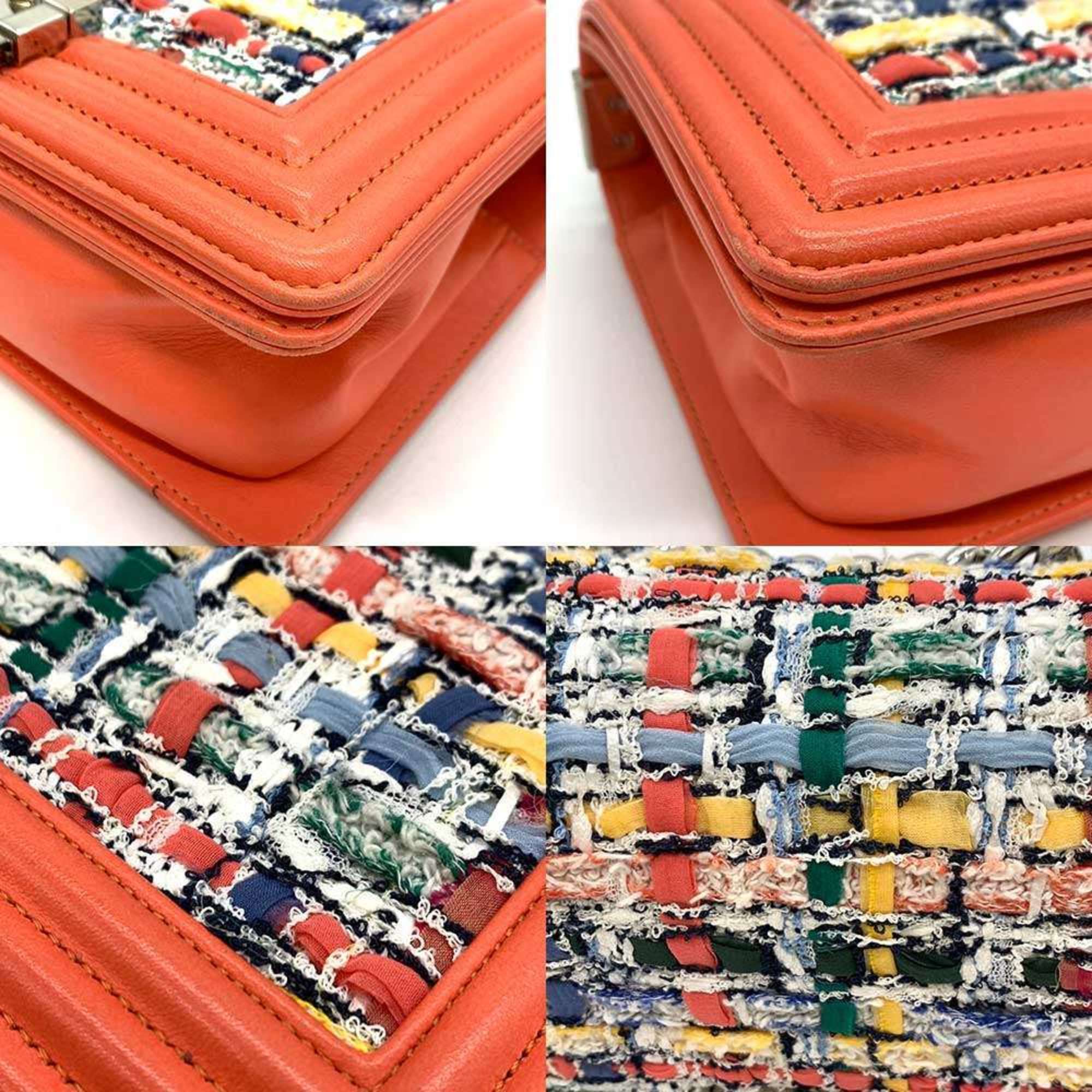 Chanel Boy Chanel Coral Orange Multi-Color Tweed Leather Shoulder Bag