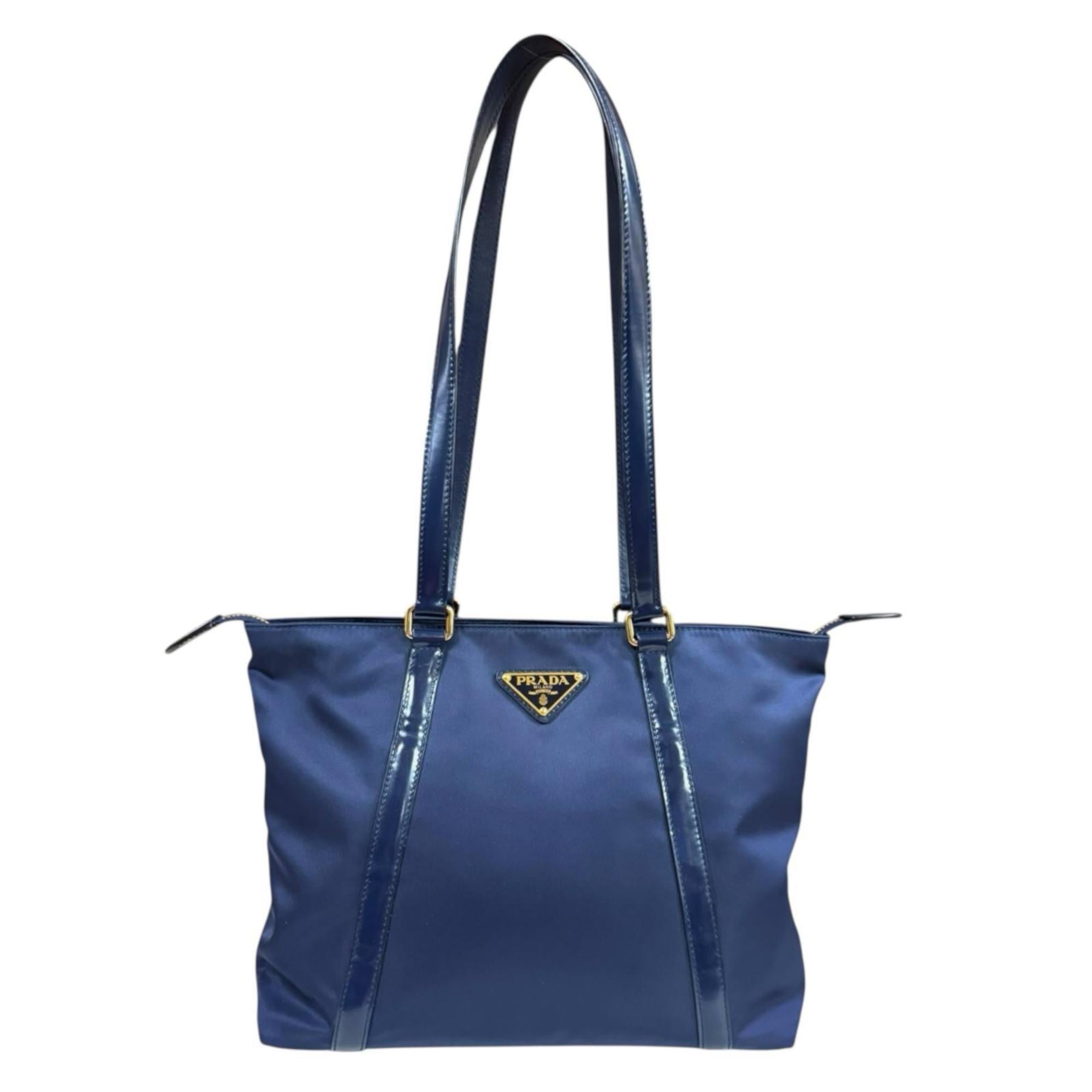Prada Navy Nylon Leather Tote Bag