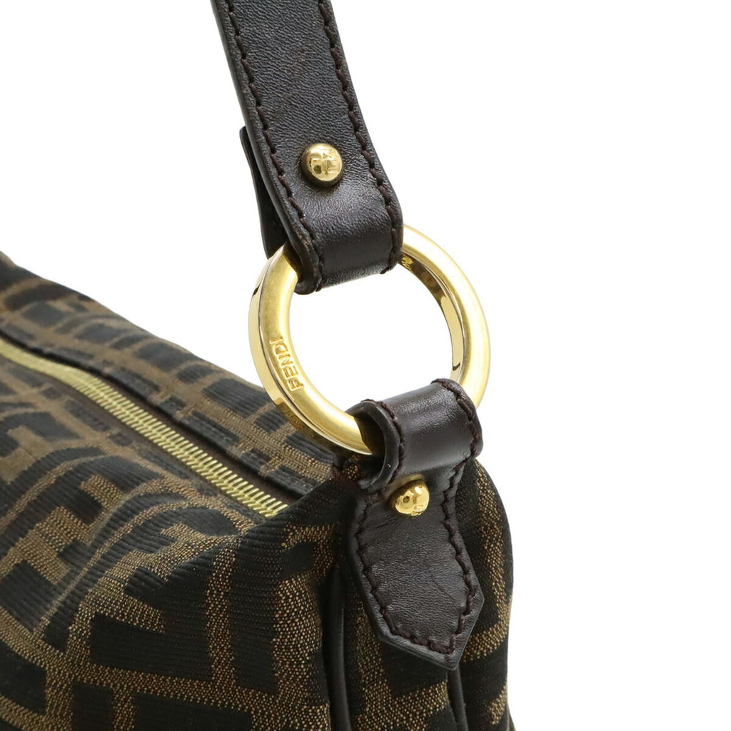 Fendi Dark Brown Khaki Brown Leather Nylon Canvas Shoulder Bag