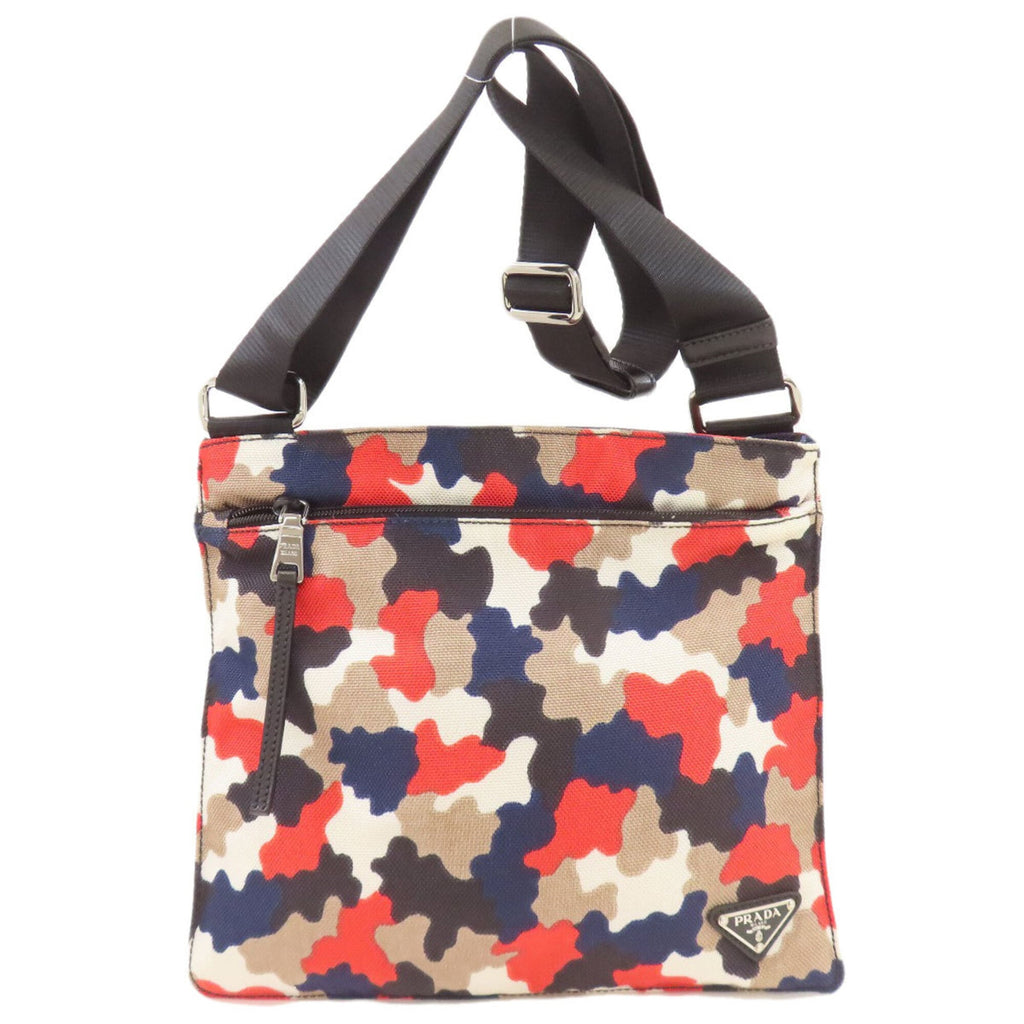 Prada Beige Navy Red Color Canvas Shoulder Bag