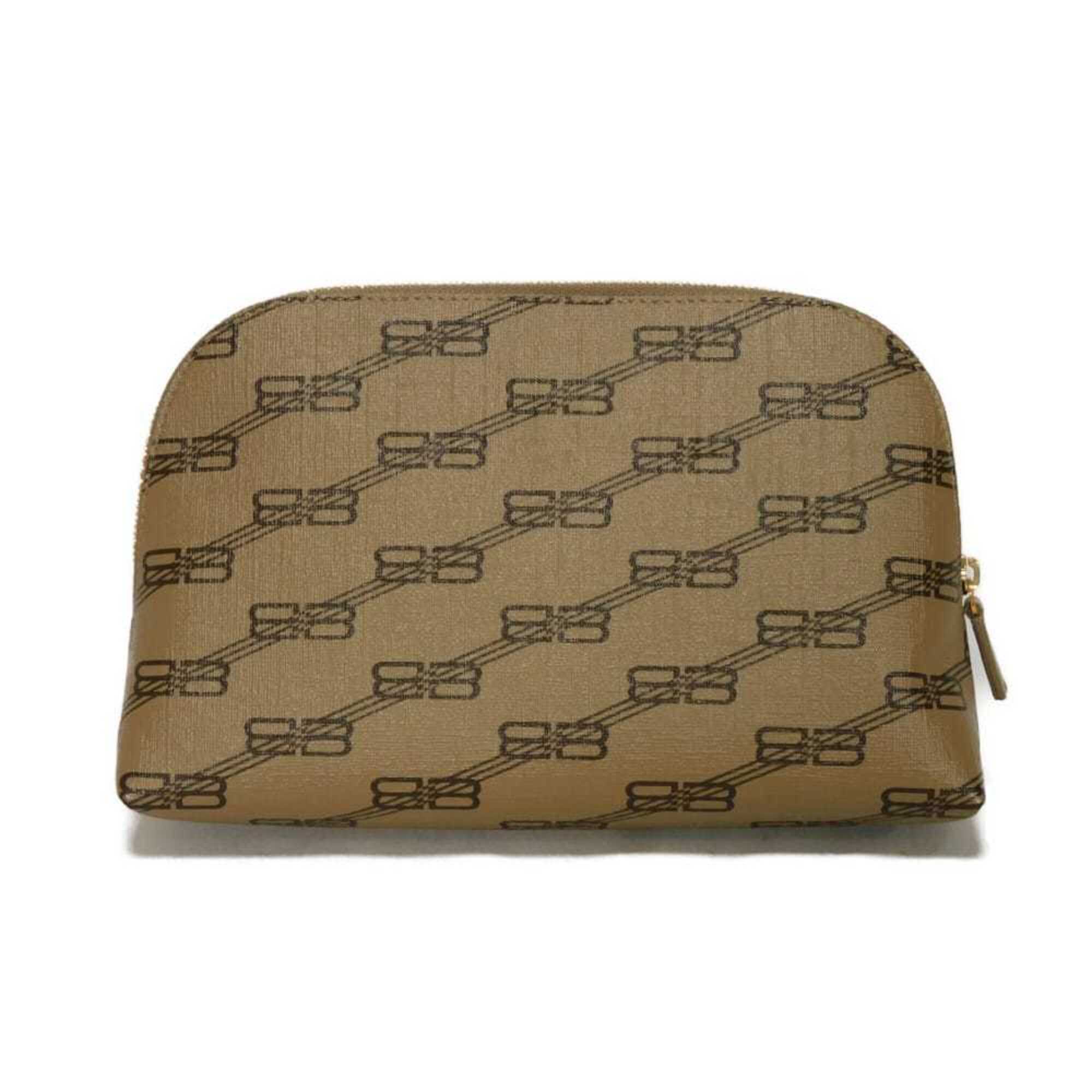 Balenciaga Beige Brown Coated Canvas Leather Clutch Bag Pouch