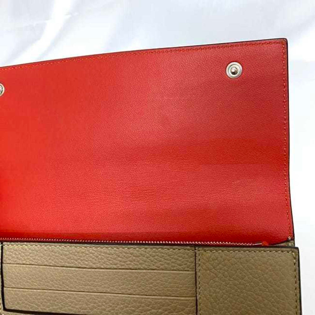 Celine Beige Red Color Leather Long Wallet (Bi-Fold)