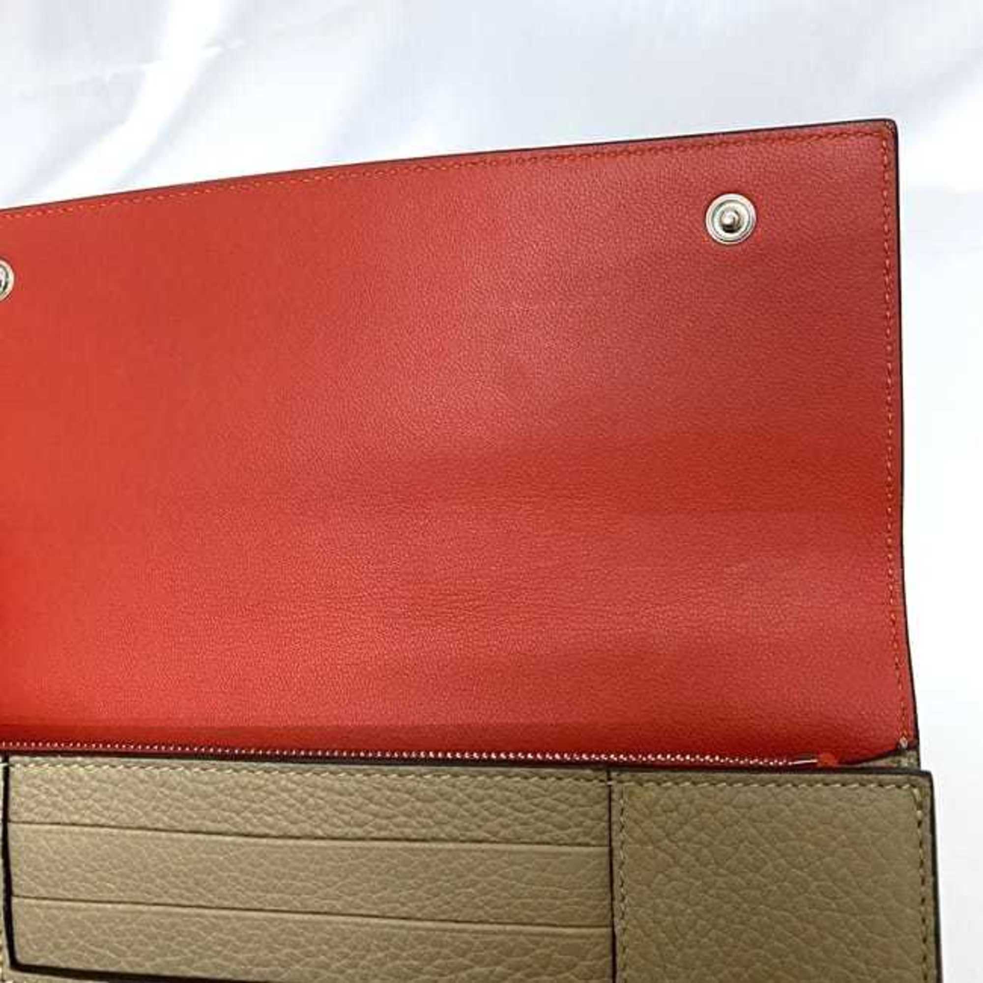 Celine Beige Red Color Leather Long Wallet (Bi-Fold)
