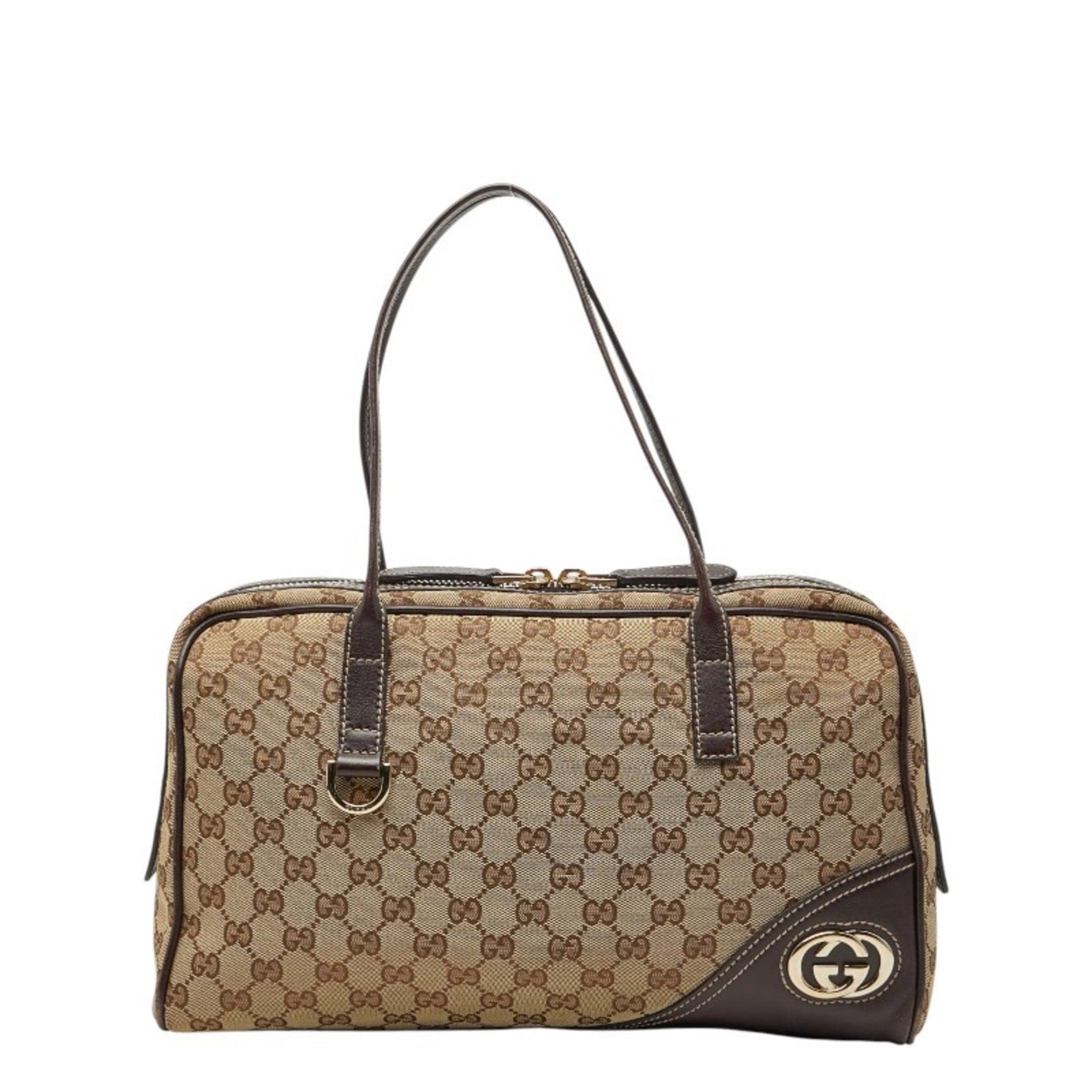 Gucci Beige Brown Gg Canvas Leather Handbag (Pre-Owned)