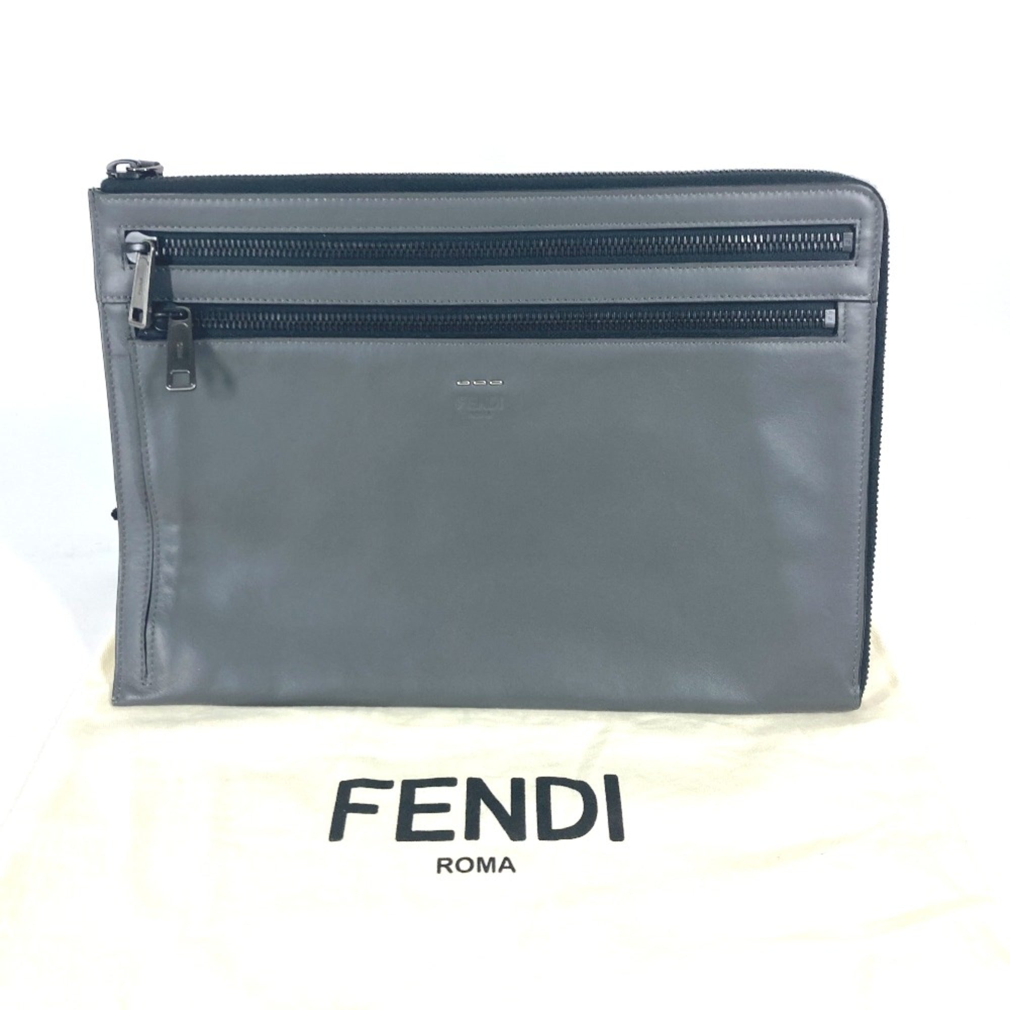 Fendi Gray Leather Clutch Bag
