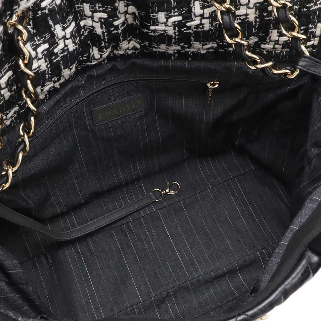 Chanel Black Ivory Leather Tweed Shoulder Bag Tote Bag
