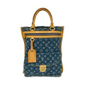 Louis Vuitton Beige Blue Denim Leather Handbag Tote Bag
