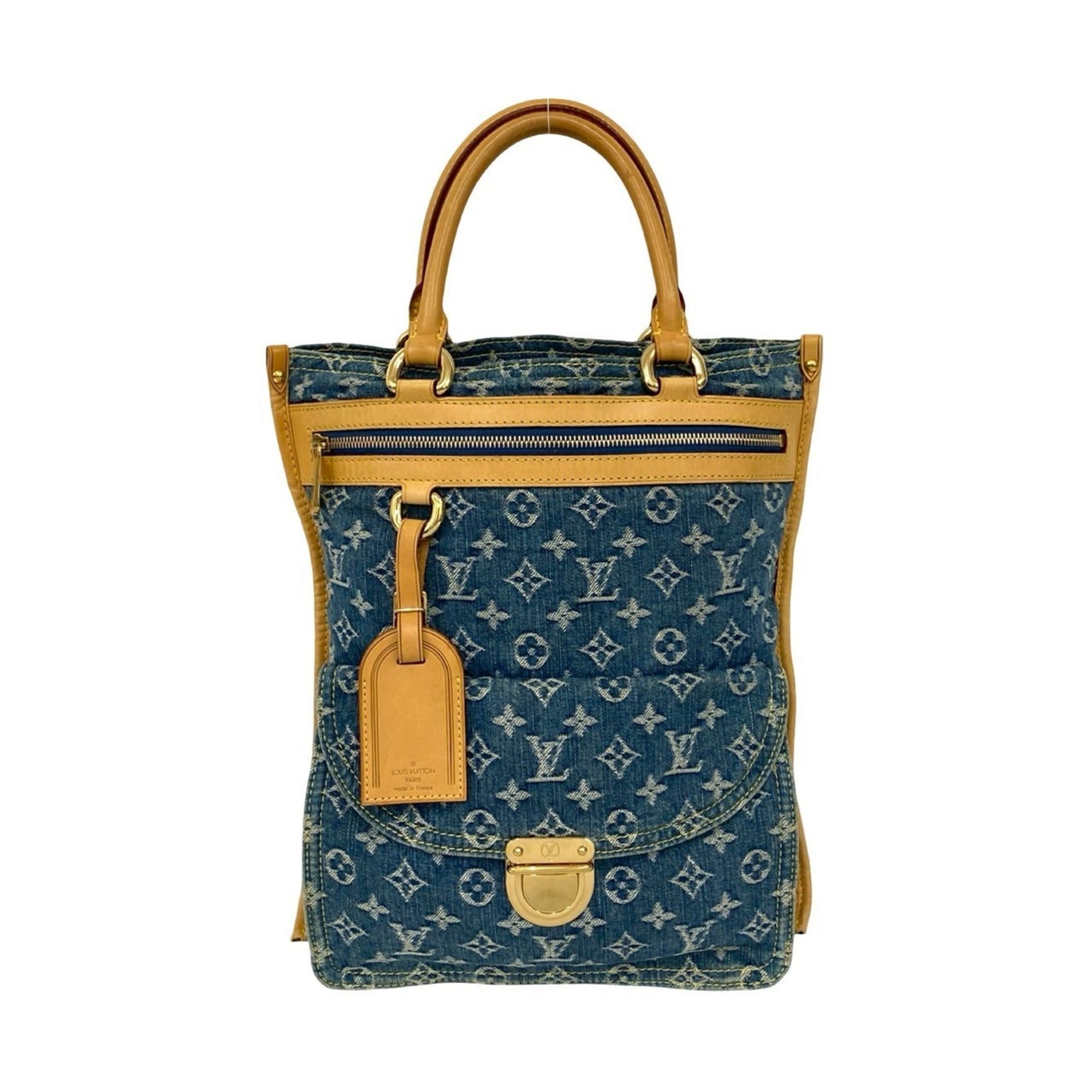 Louis Vuitton Beige Blue Denim Leather Handbag Tote Bag