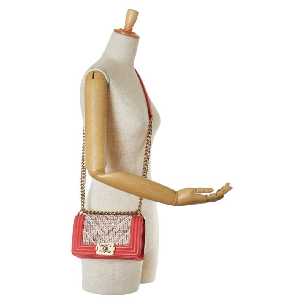 Chanel Boy Chanel Multi-Color Pink White Tweed Leather Shoulder Bag