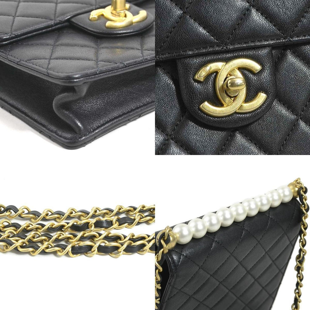Chanel Black Off-White Leather Artificial Pearl Shoulder Bag
