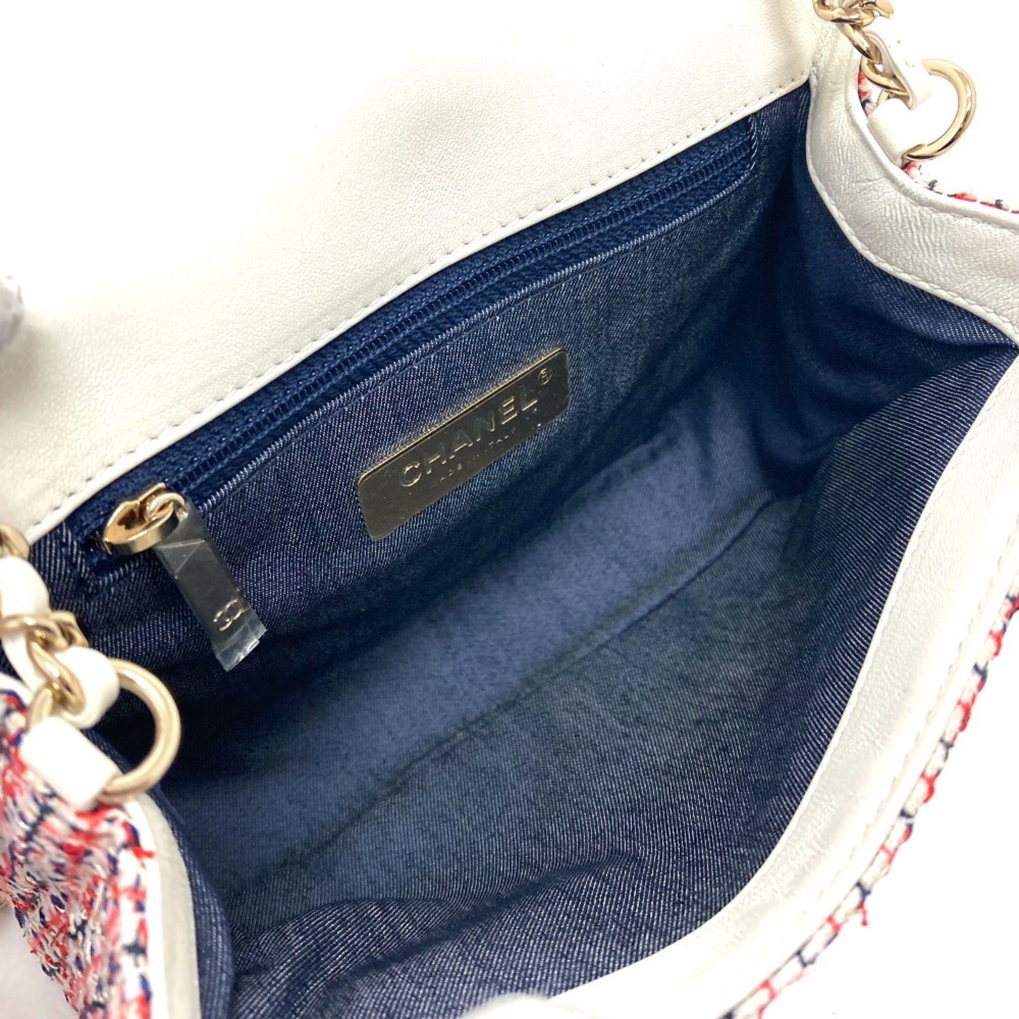Chanel Red Color White Tweed Leather Pochette Shoulder Bag