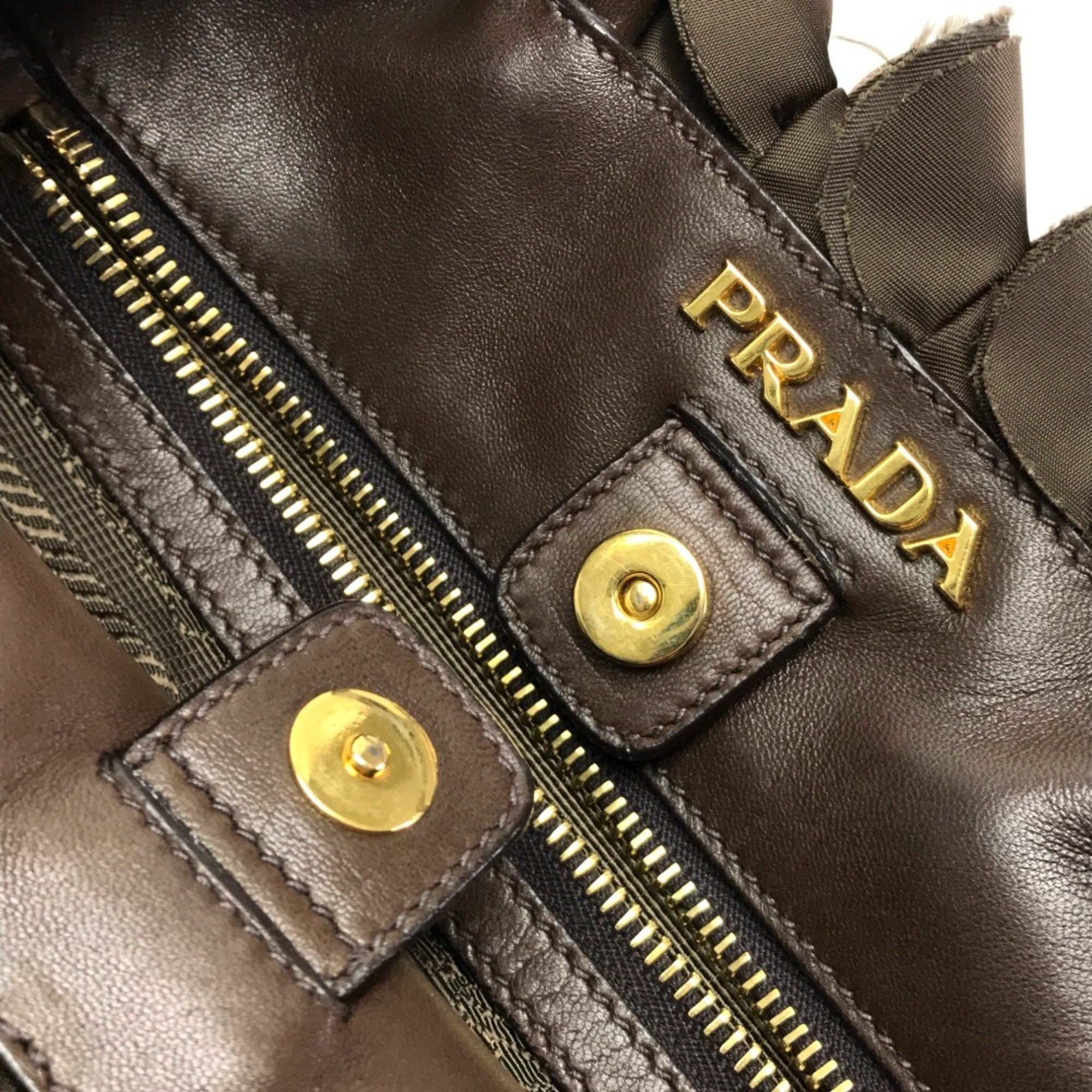 Prada Brown Nylon Canvas Leather Handbag Tote Bag
