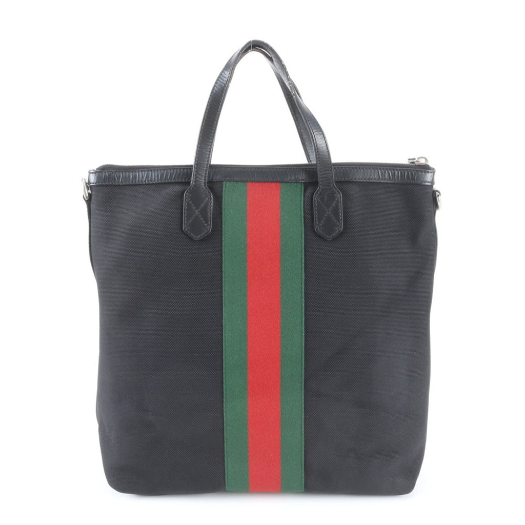 Gucci Sherry Line Black Leather Canvas Handbag (Pre-Owned)