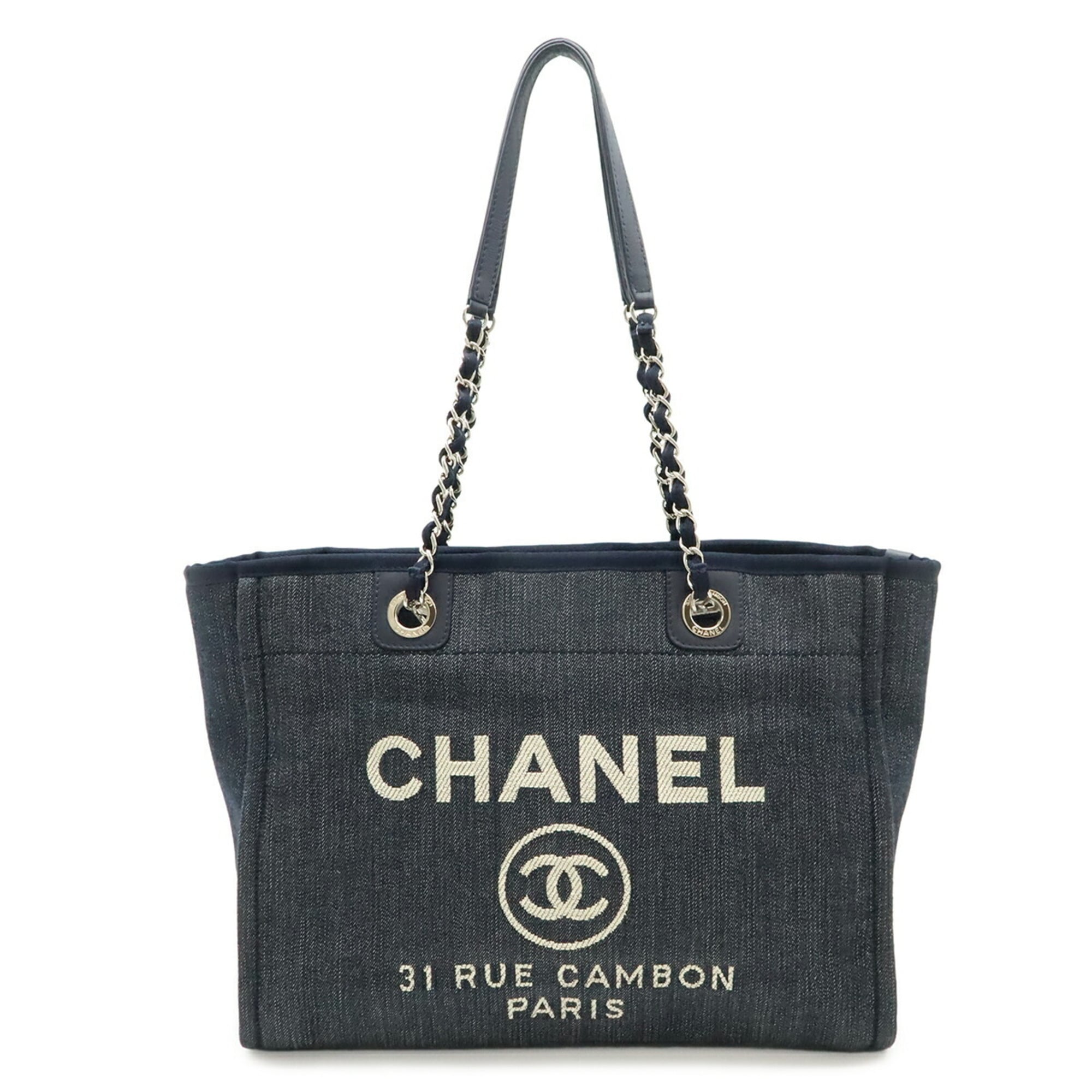 Chanel Navy Denim Leather Shoulder Bag Tote Bag