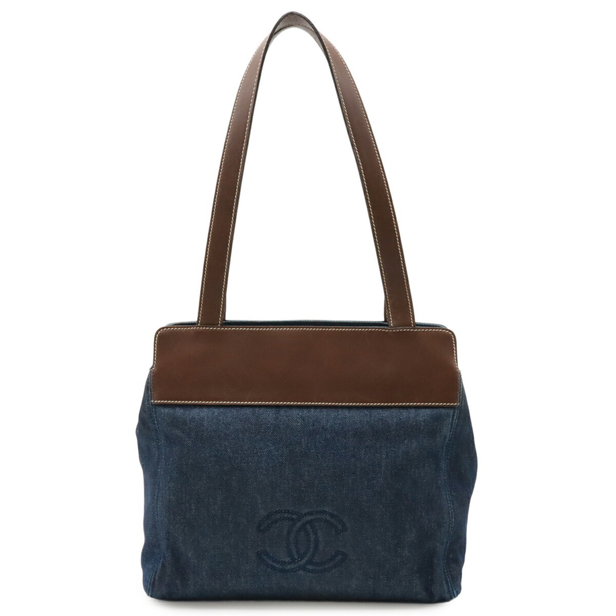 Chanel Blue Brown Dark Brown Denim Leather Shoulder Bag Tote Bag