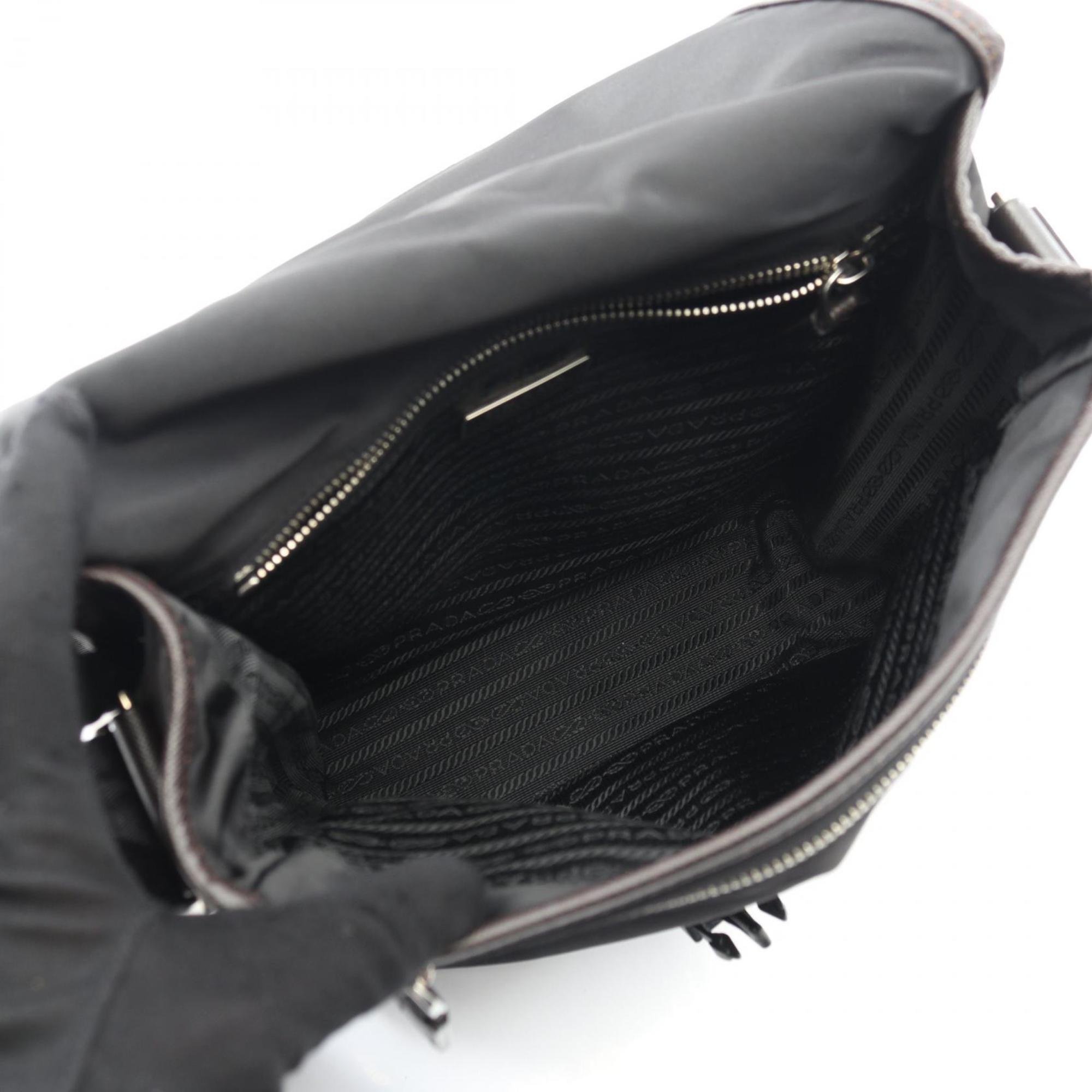 Prada Black Brown Nylon Leather Shoulder Bag