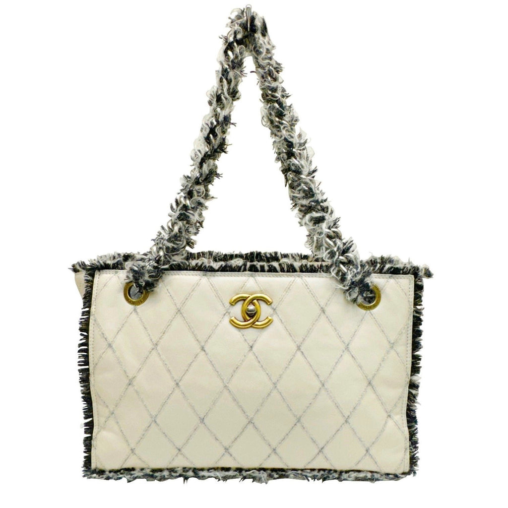 Chanel Beige Black Tweed Leather Tote Bag