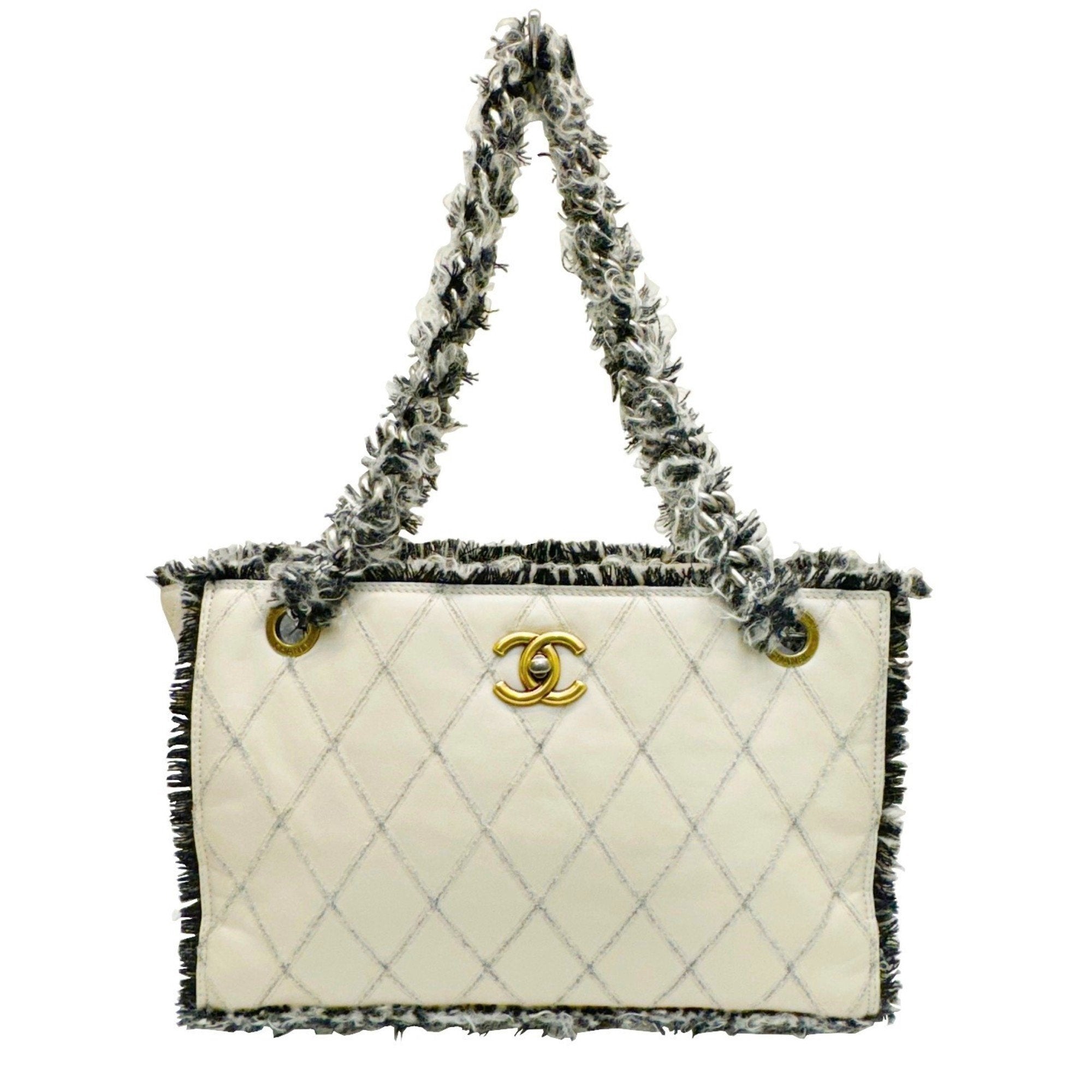 Chanel Beige Black Tweed Leather Tote Bag