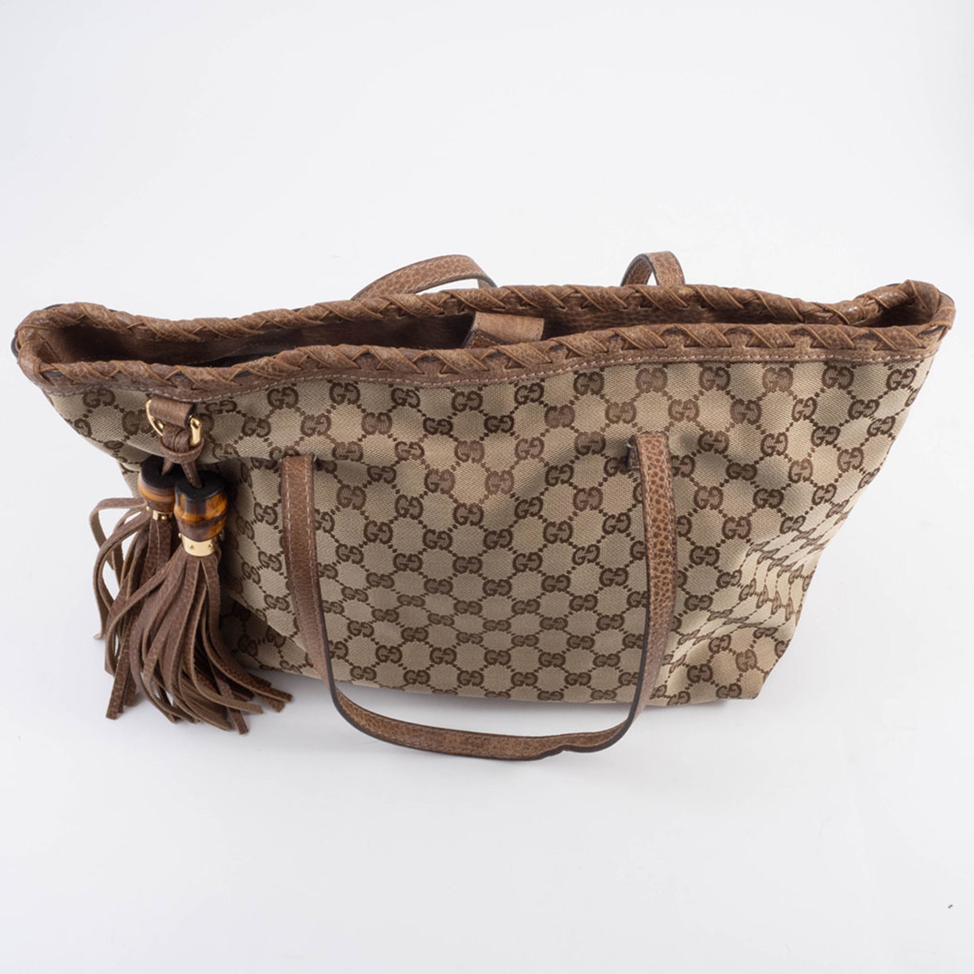 Gucci Gg Canvas Beige Brown Gg Canvas Leather Tote Bag (Pre-Owned)