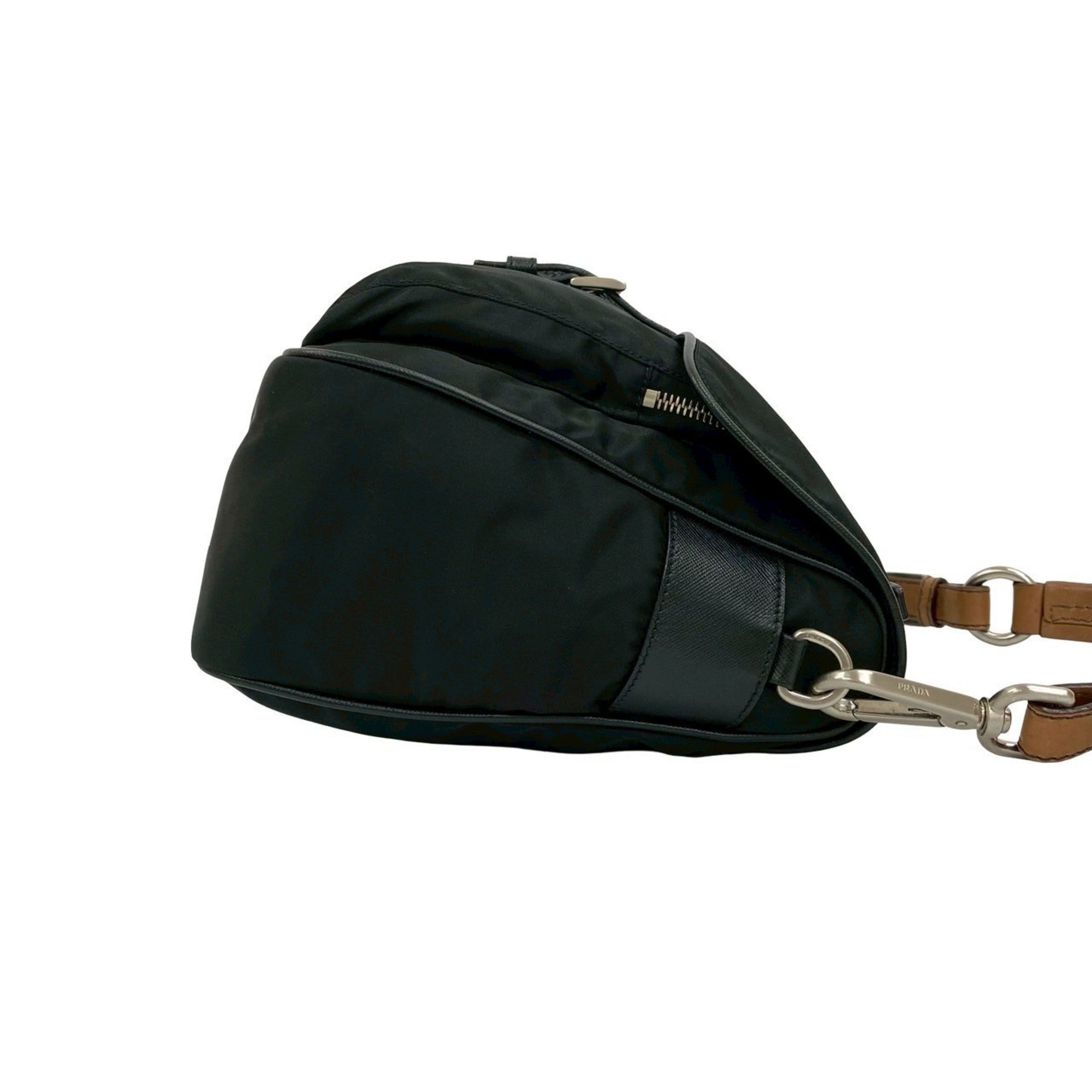 Prada Black Brown Leather Nylon Handbag Shoulder Bag