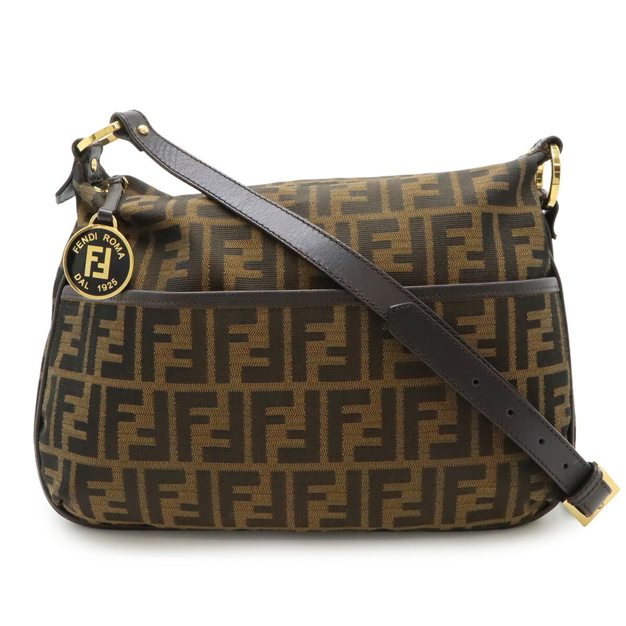 Fendi Dark Brown Khaki Brown Leather Nylon Canvas Shoulder Bag