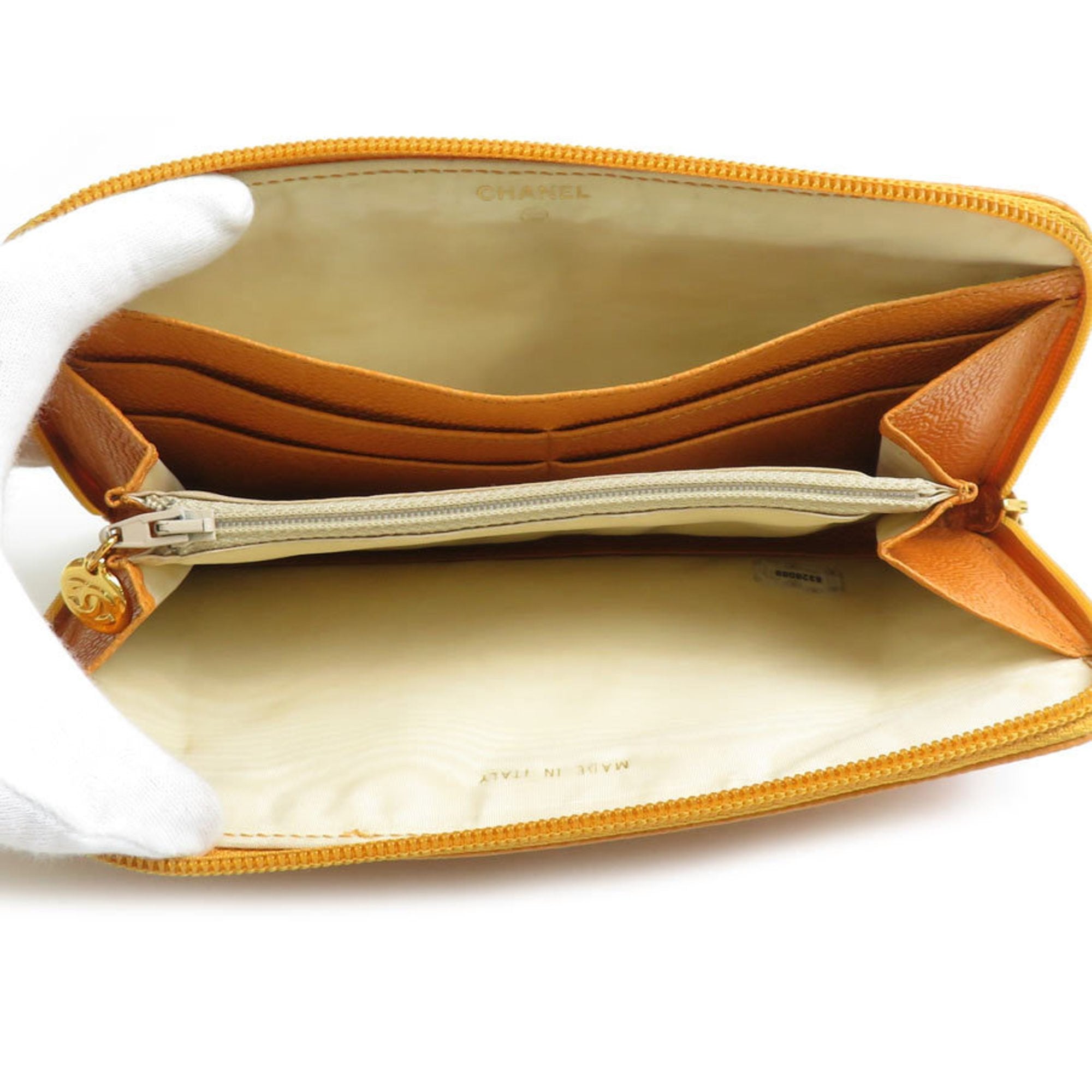 Chanel Orange Grained Calfskin Long Wallet (Bi-Fold)
