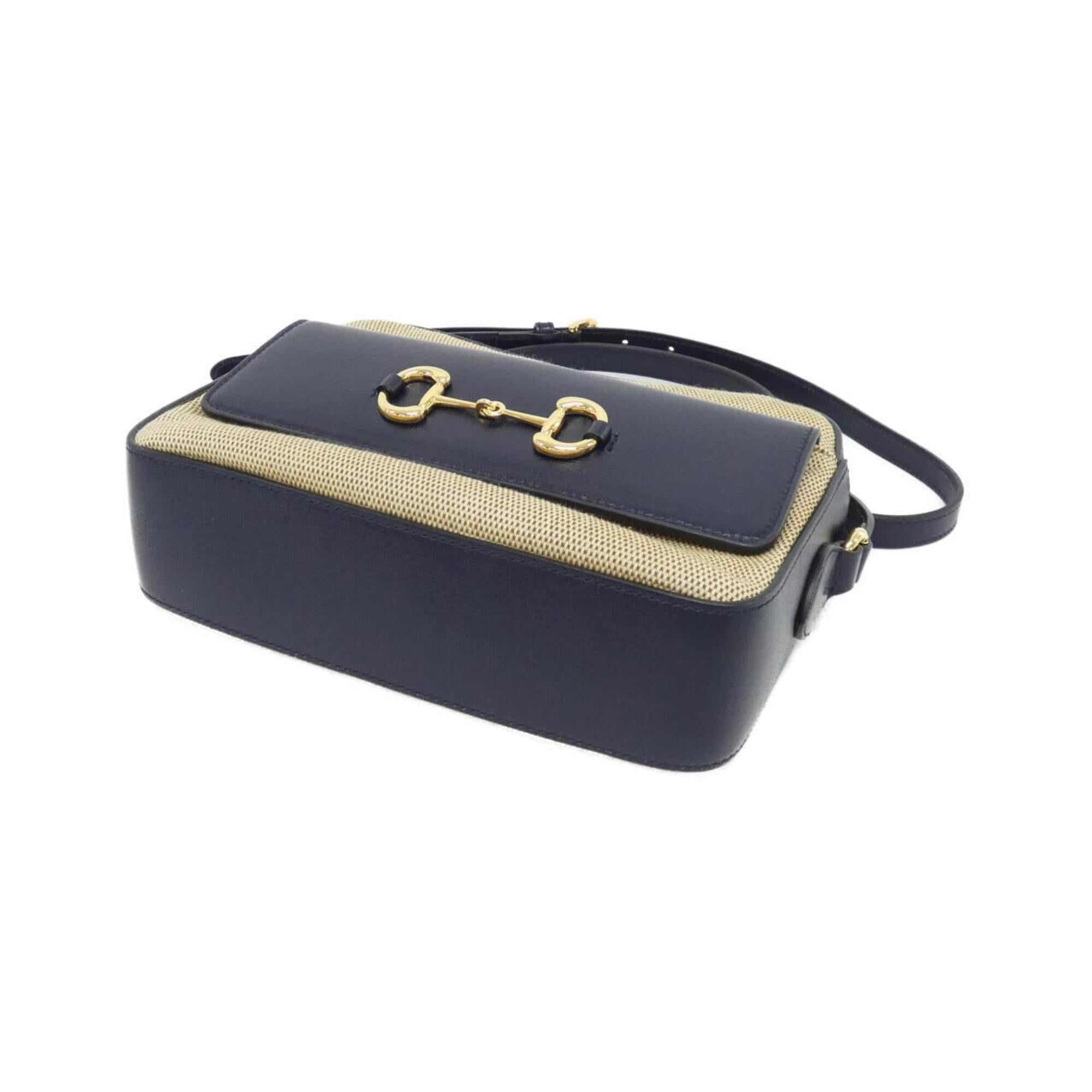 Gucci Beige Navy Canvas Leather Shoulder Bag (Pre-Owned)