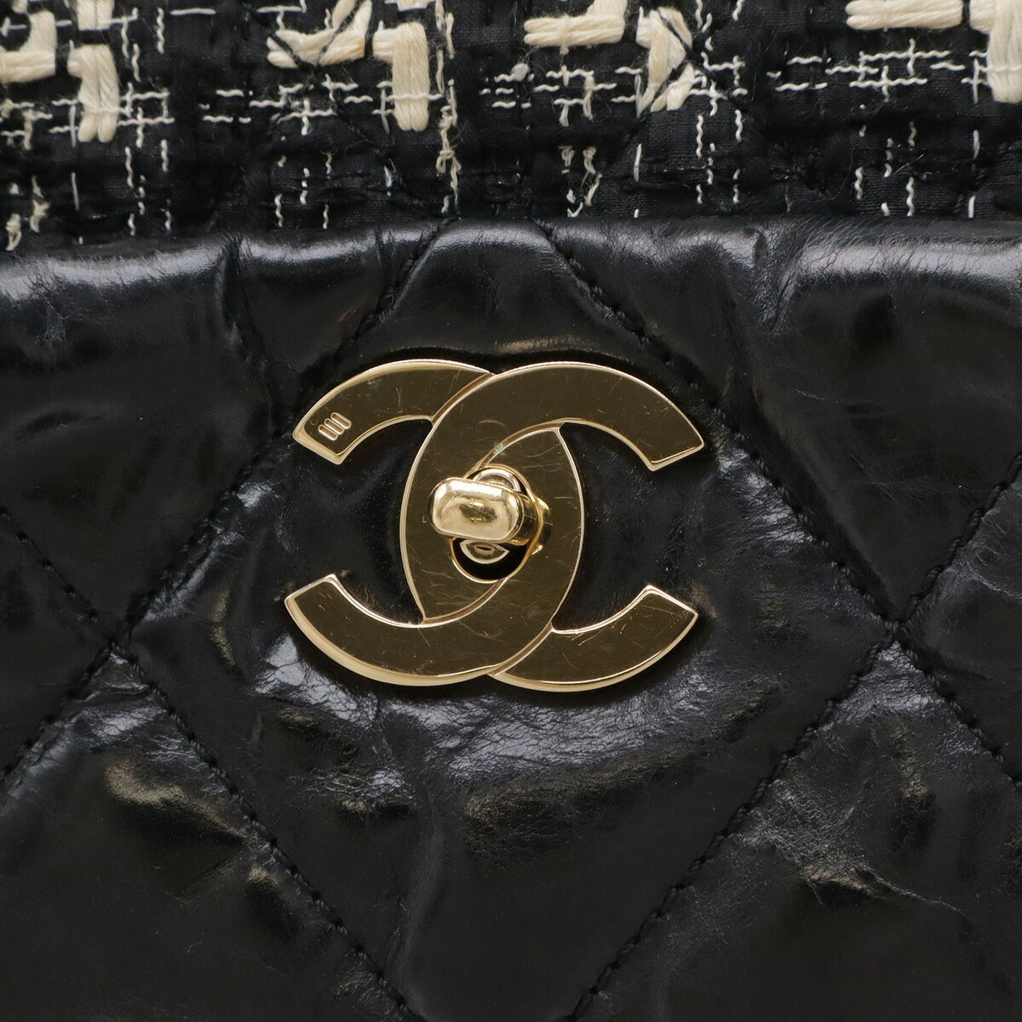 Chanel Black Ivory Leather Tweed Shoulder Bag Tote Bag