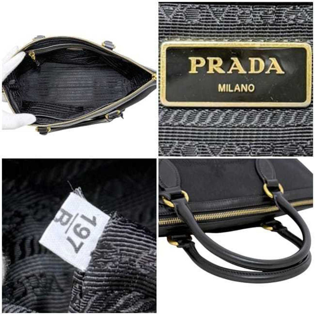 Prada Black Nero Canvas Jacquard Leather Shoulder Bag Tote Bag